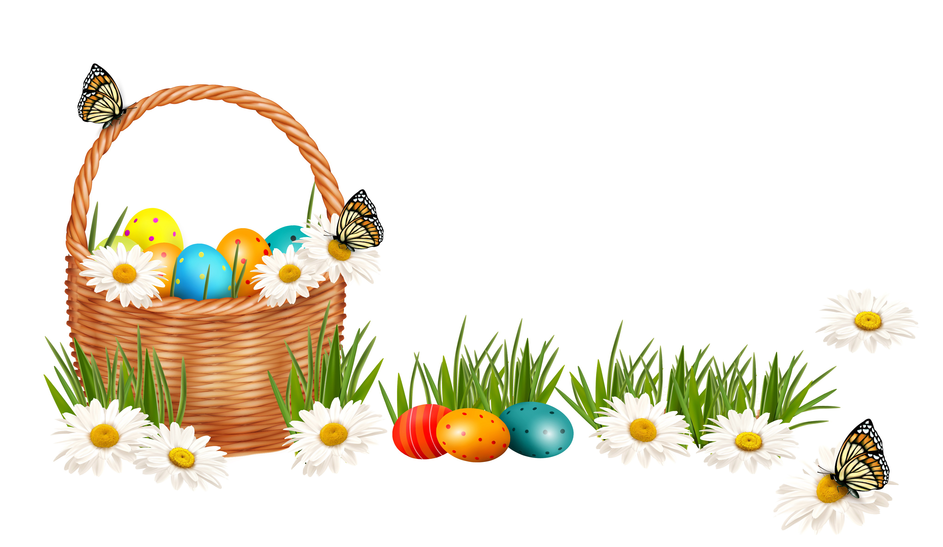 Download mobile wallpaper Grass, Easter, Holiday, Butterfly, Colorful, Basket, Spring, Daisy, Easter Egg for free.