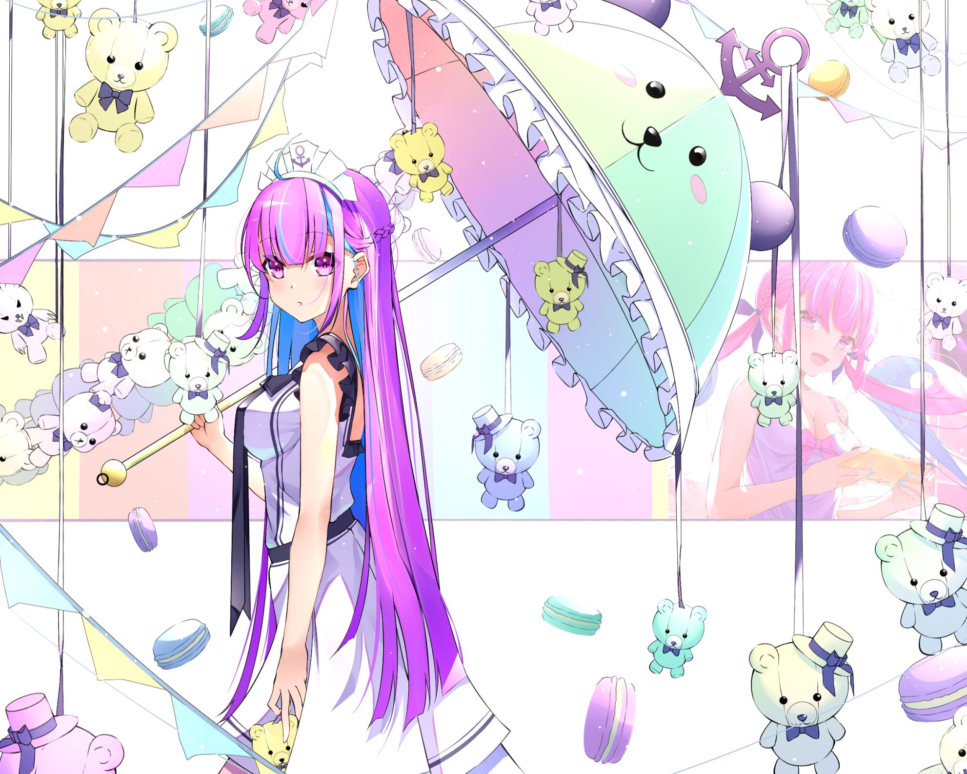 minato aqua, anime, virtual youtuber, hololive, long hair, pink eyes, pink hair, teddy bear, umbrella