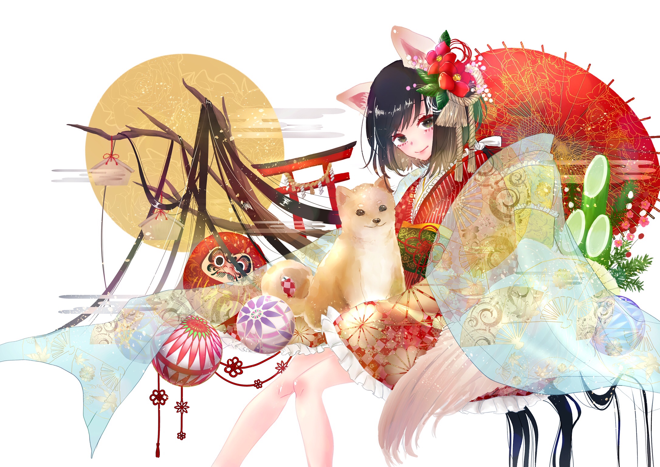 Download mobile wallpaper Anime, Flower, Dog, Smile, Kimono, Original, Black Hair, Long Hair, Parasol, Black Eyes for free.