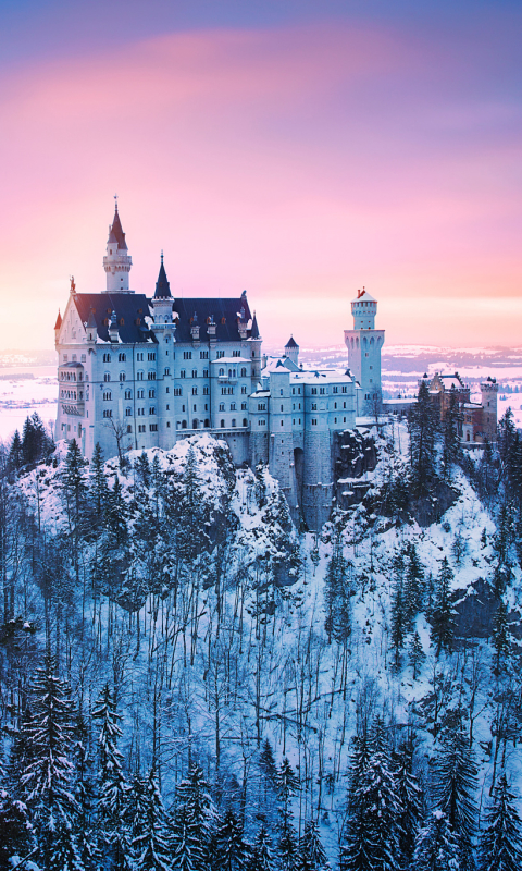 Download mobile wallpaper Winter, Sunset, Castles, Forest, Germany, Bavaria, Neuschwanstein Castle, Man Made for free.