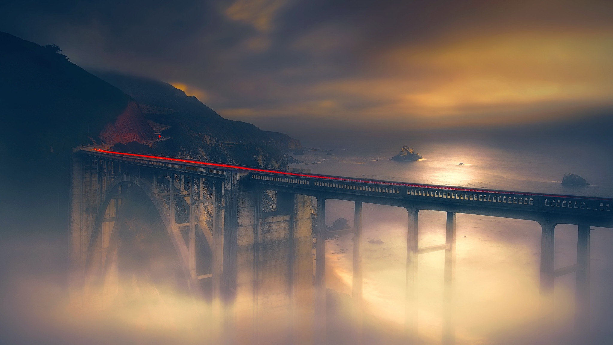 Download mobile wallpaper Bridges, Night, Fog, Bridge, Man Made, Time Lapse for free.