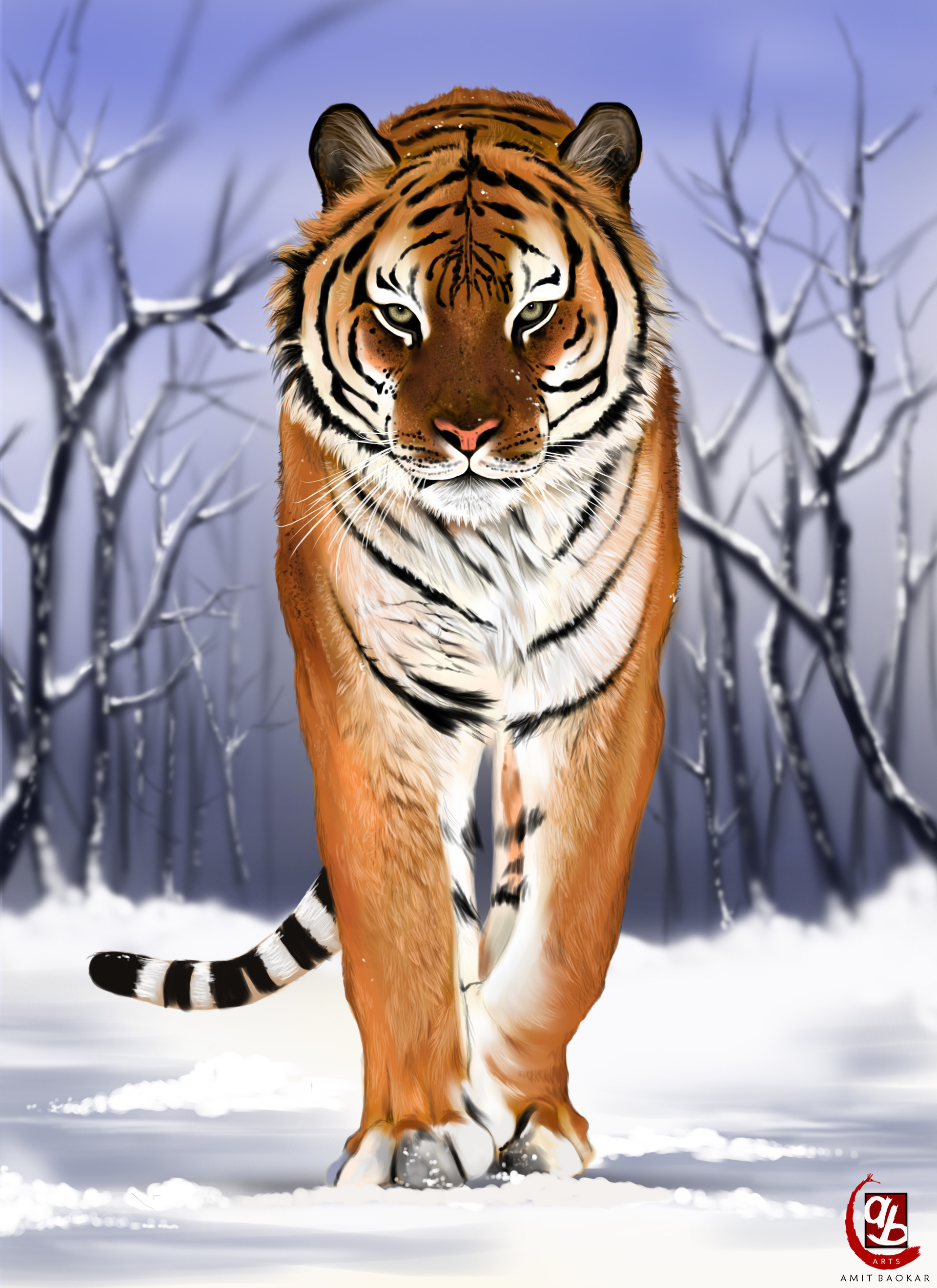 tiger, predator, art, snow, big cat