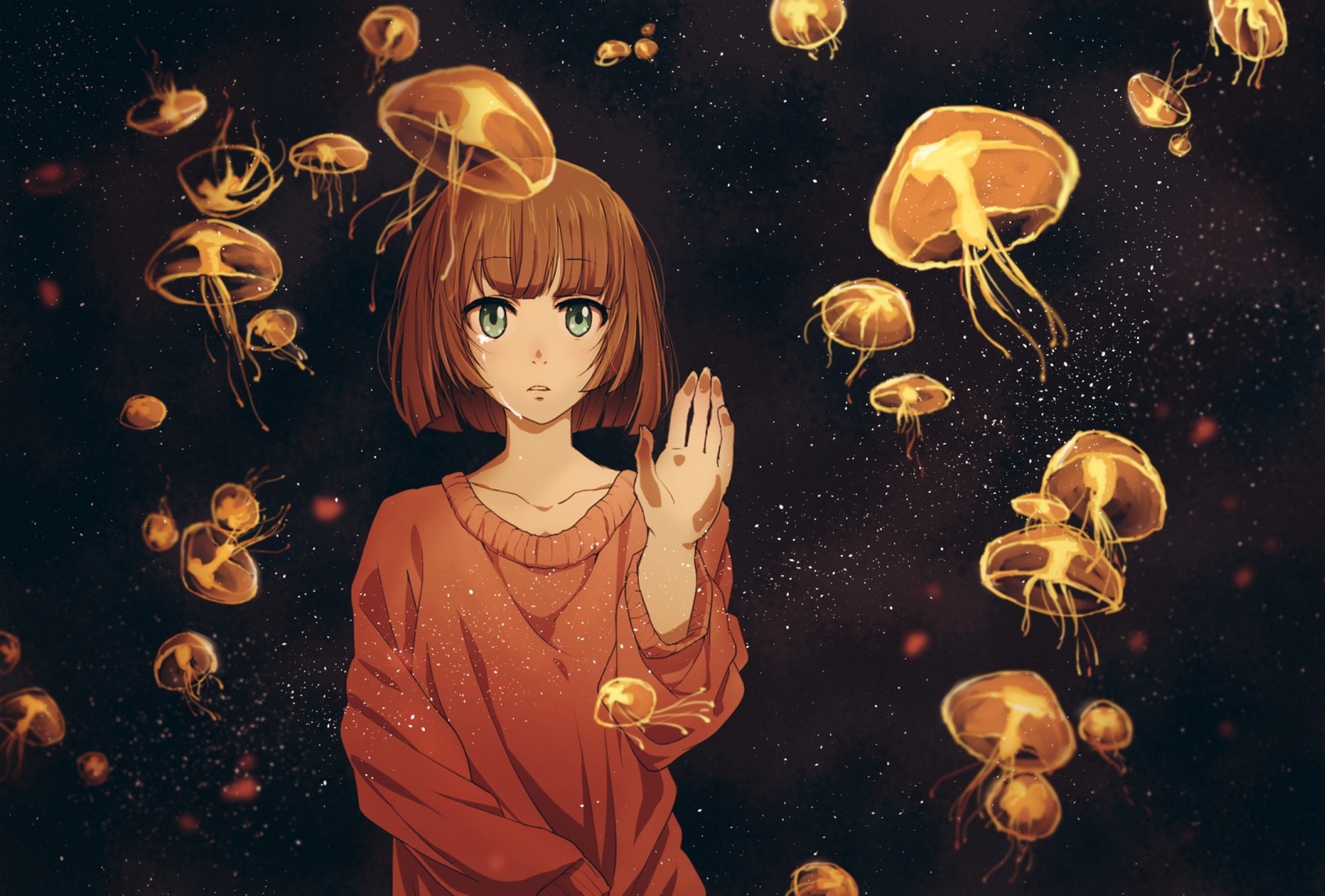 Download mobile wallpaper Anime, Jellyfish, Underwater, Green Eyes, Tears, Original, Brown Hair for free.
