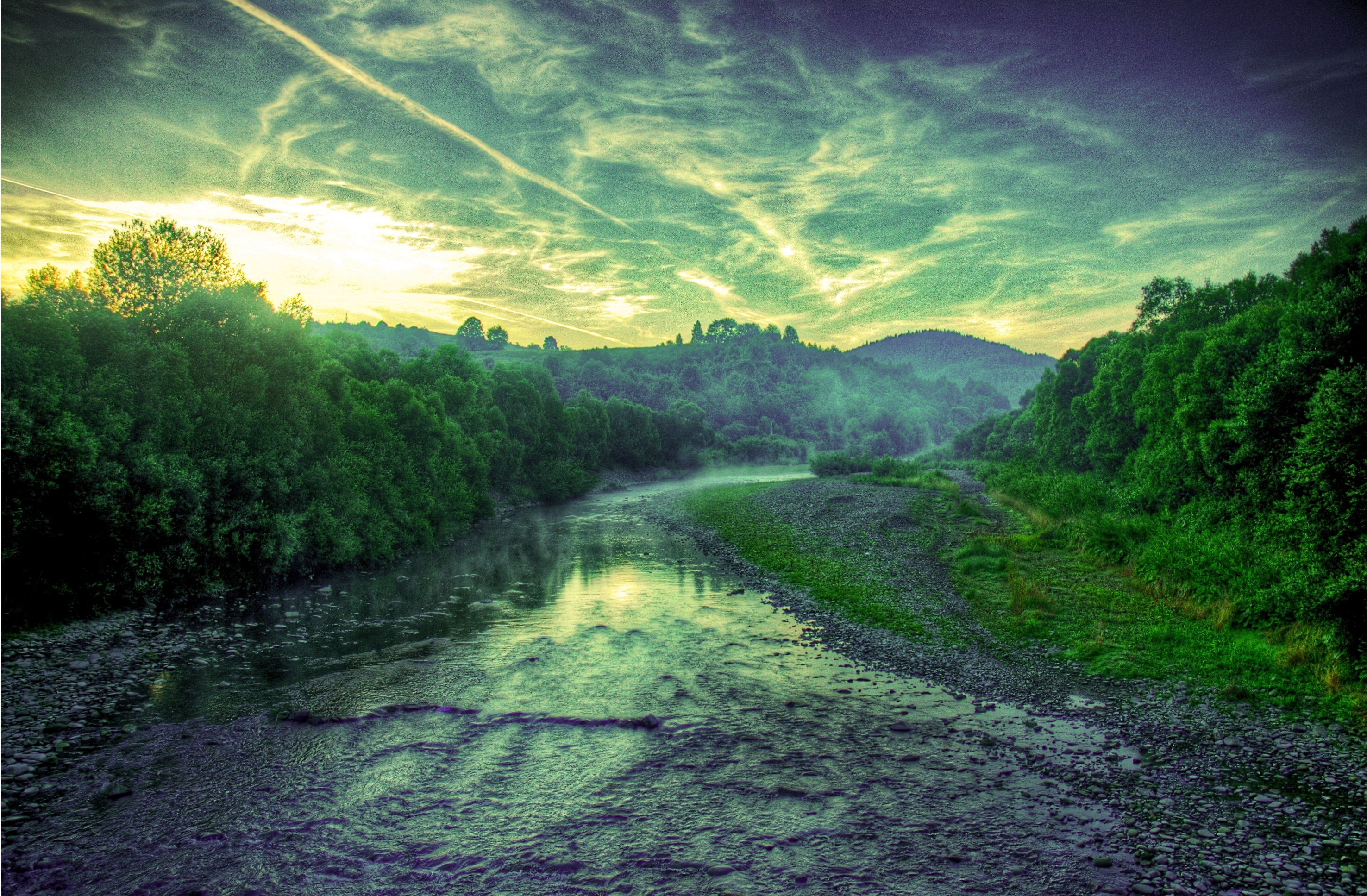 rivers, landscape, nature, trees, sunset desktop HD wallpaper