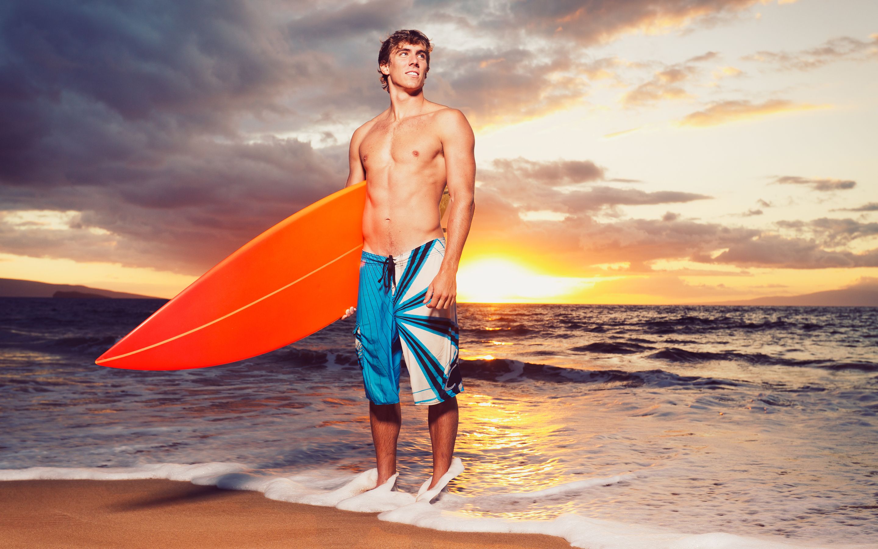 men, mood, sunset, surfer