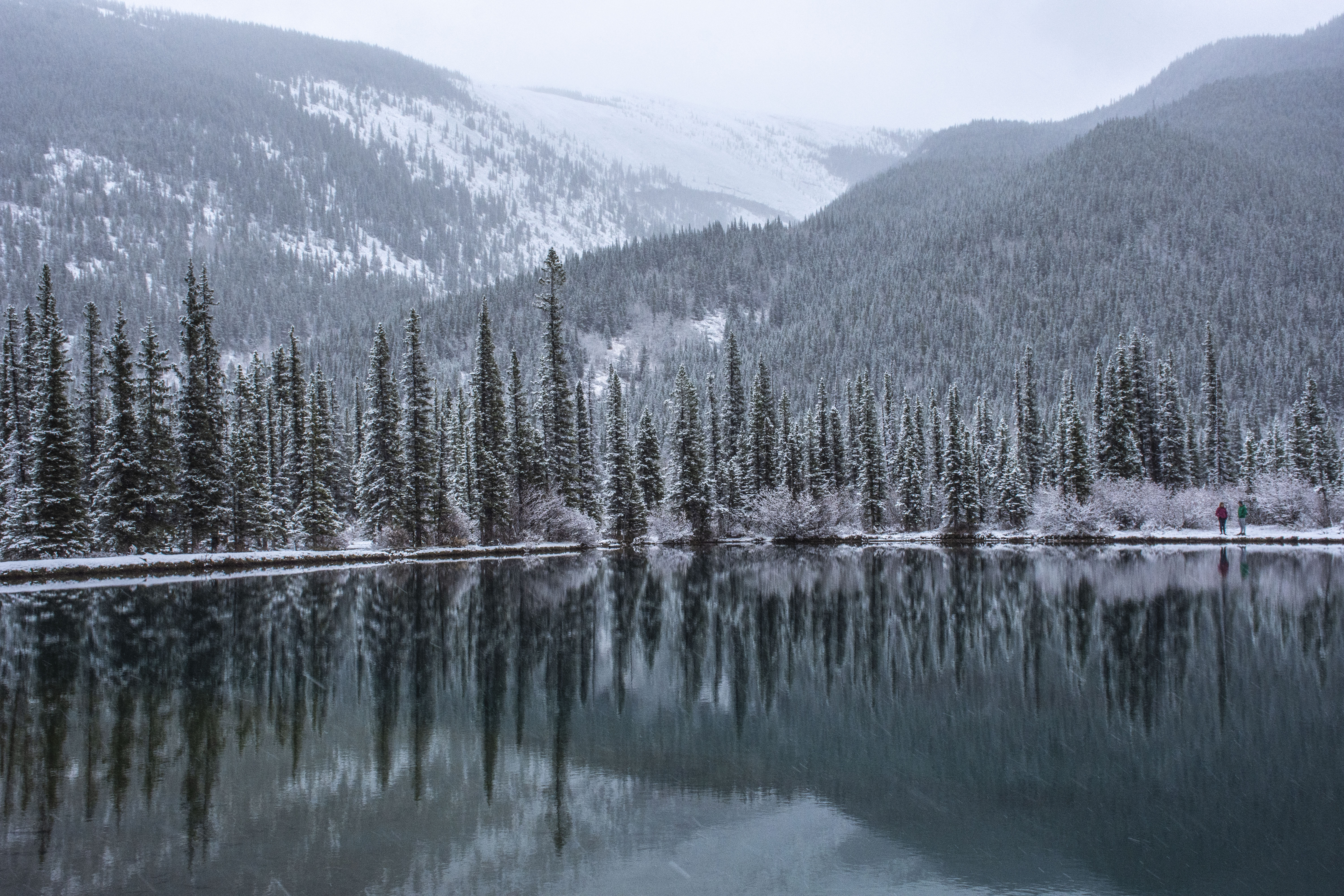 lake, mountains, landscape, nature, snow, forest