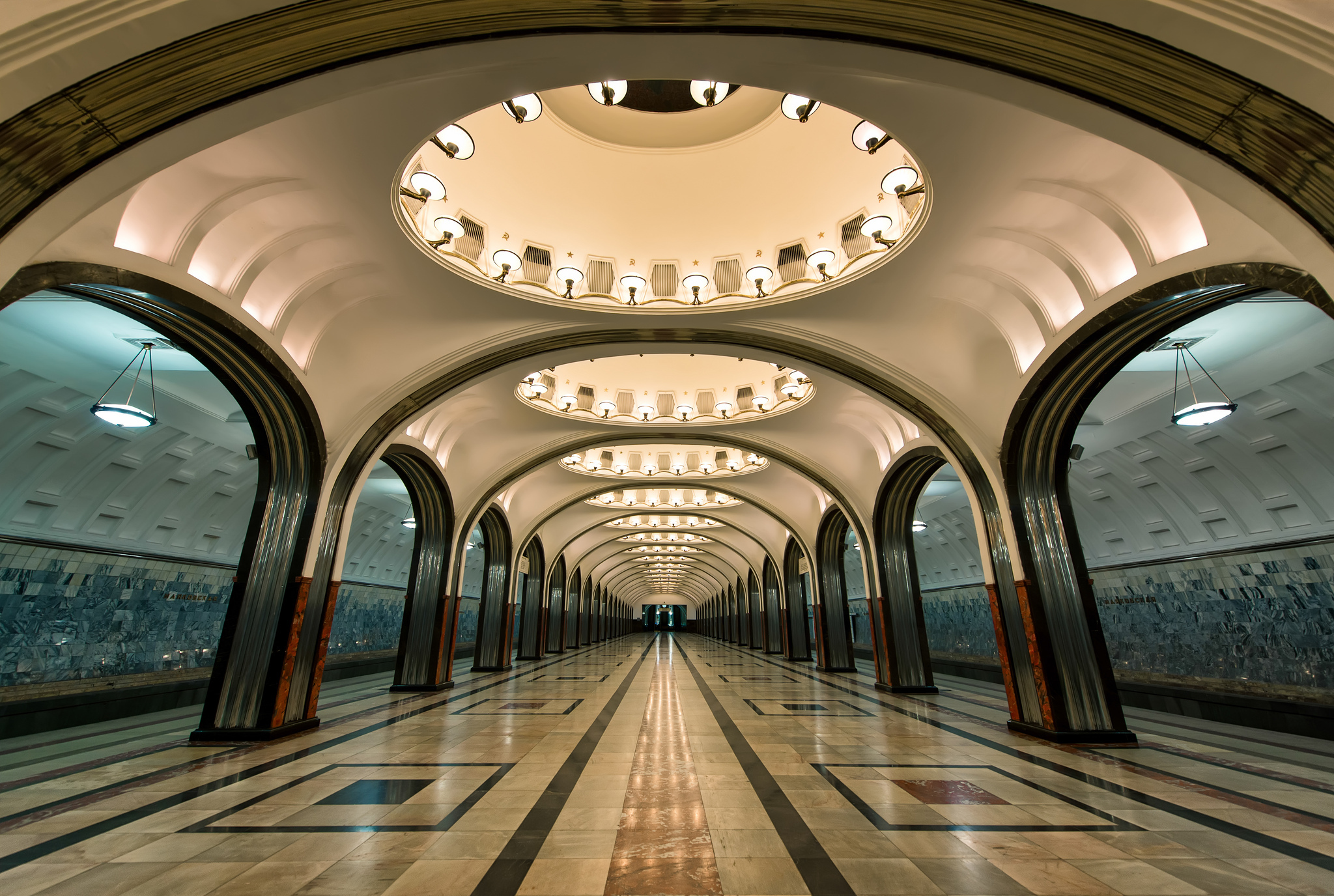 tunnel, columns, man made, subway, moscow, railroad, russia, train station, underground