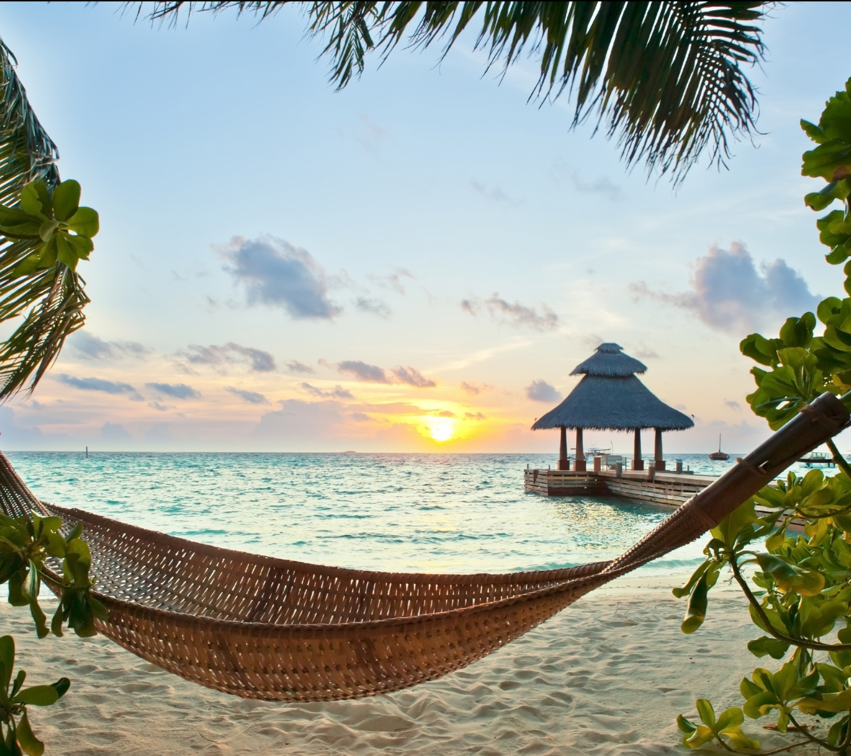 Laden Sie das Strand, Tropen, Fotografie, Hängematte, Meer, Sonnenuntergang-Bild kostenlos auf Ihren PC-Desktop herunter