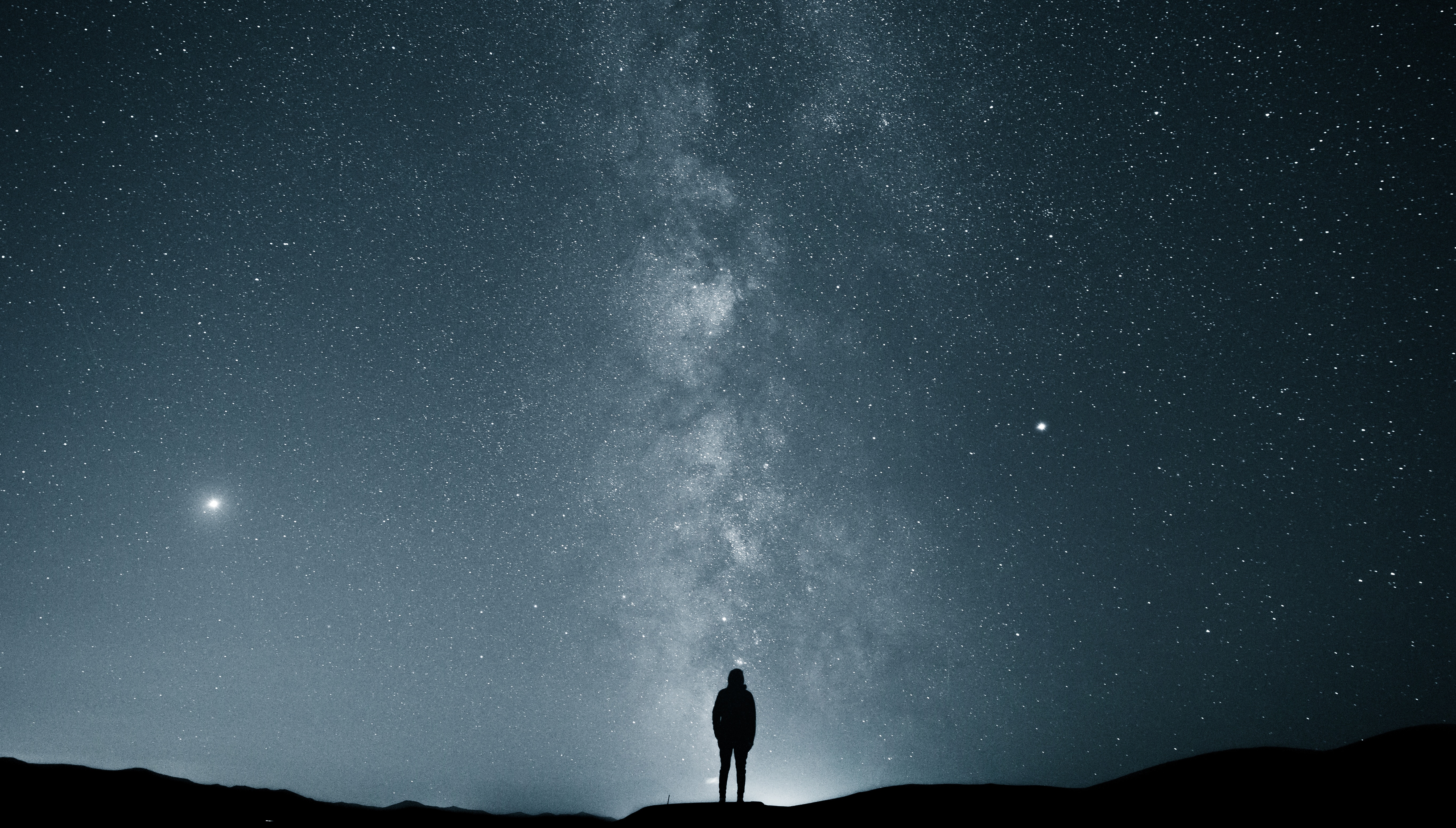 Download mobile wallpaper Privacy, Loneliness, Seclusion, Brilliance, Shine, Silhouette, Dark, Starry Sky for free.