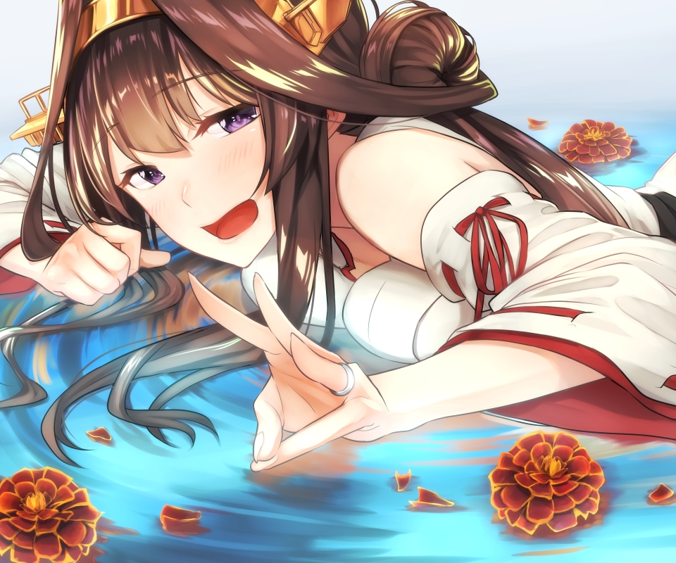 Baixe gratuitamente a imagem Anime, Água, Flor, Sorriso, Corar, Cabelo Longo, Cabelo Castanho, Olhos Roxos, Coleção Kantai, Kongou (Kancolle) na área de trabalho do seu PC