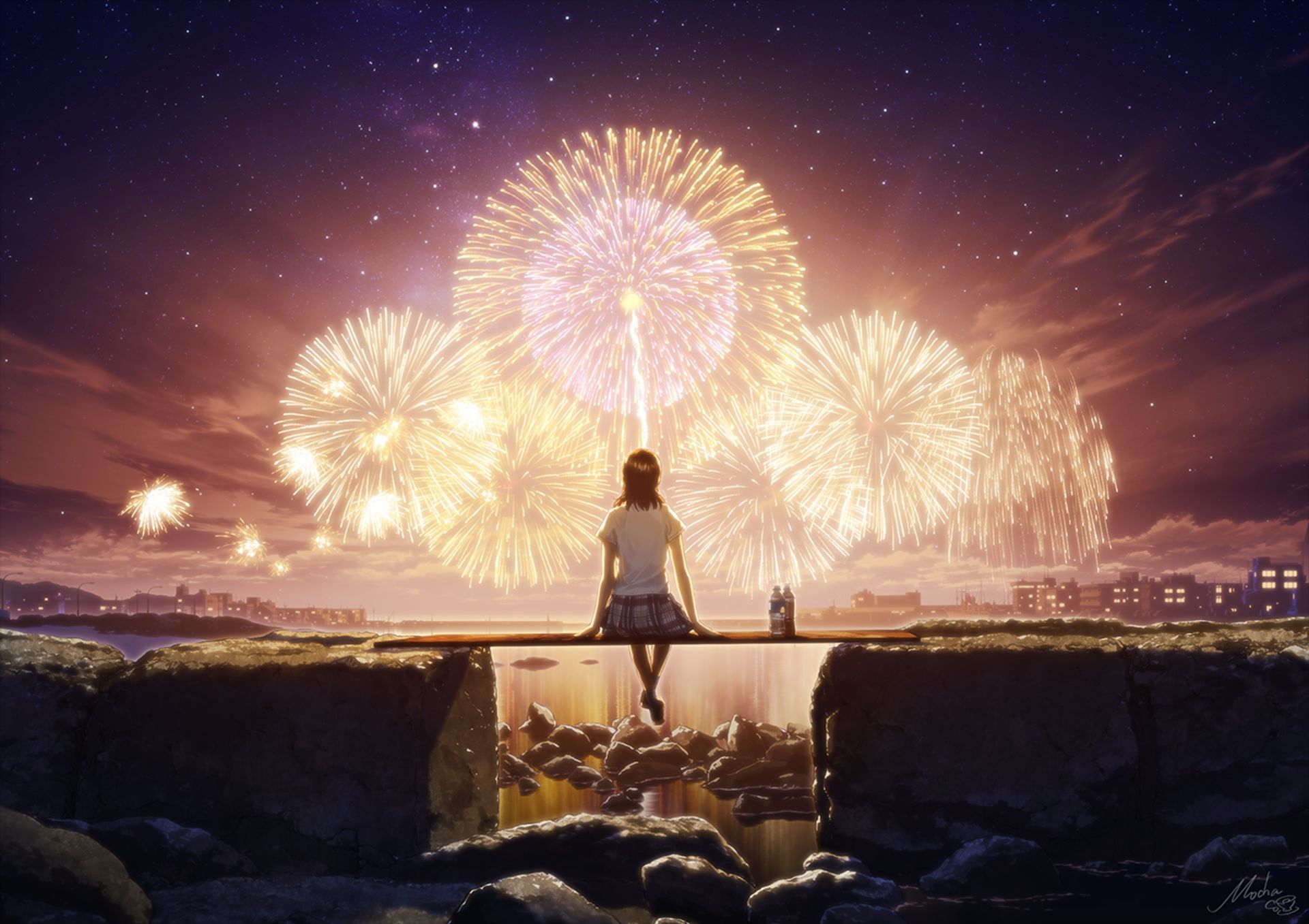 Download mobile wallpaper Anime, Girl, Fireworks for free.
