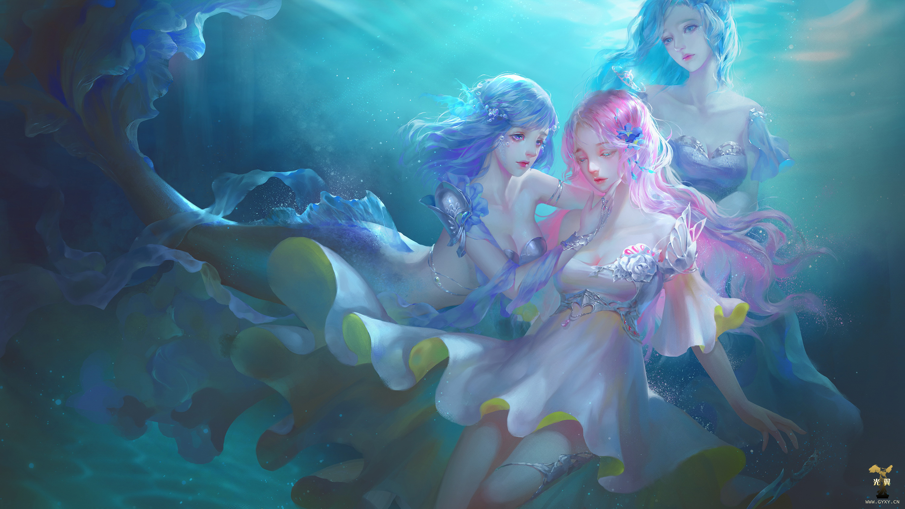 974445 Bild herunterladen animes, the mermaid, aqua haar, blaue haare, meerjungfrau, pinkes haar, unterwasser - Hintergrundbilder und Bildschirmschoner kostenlos