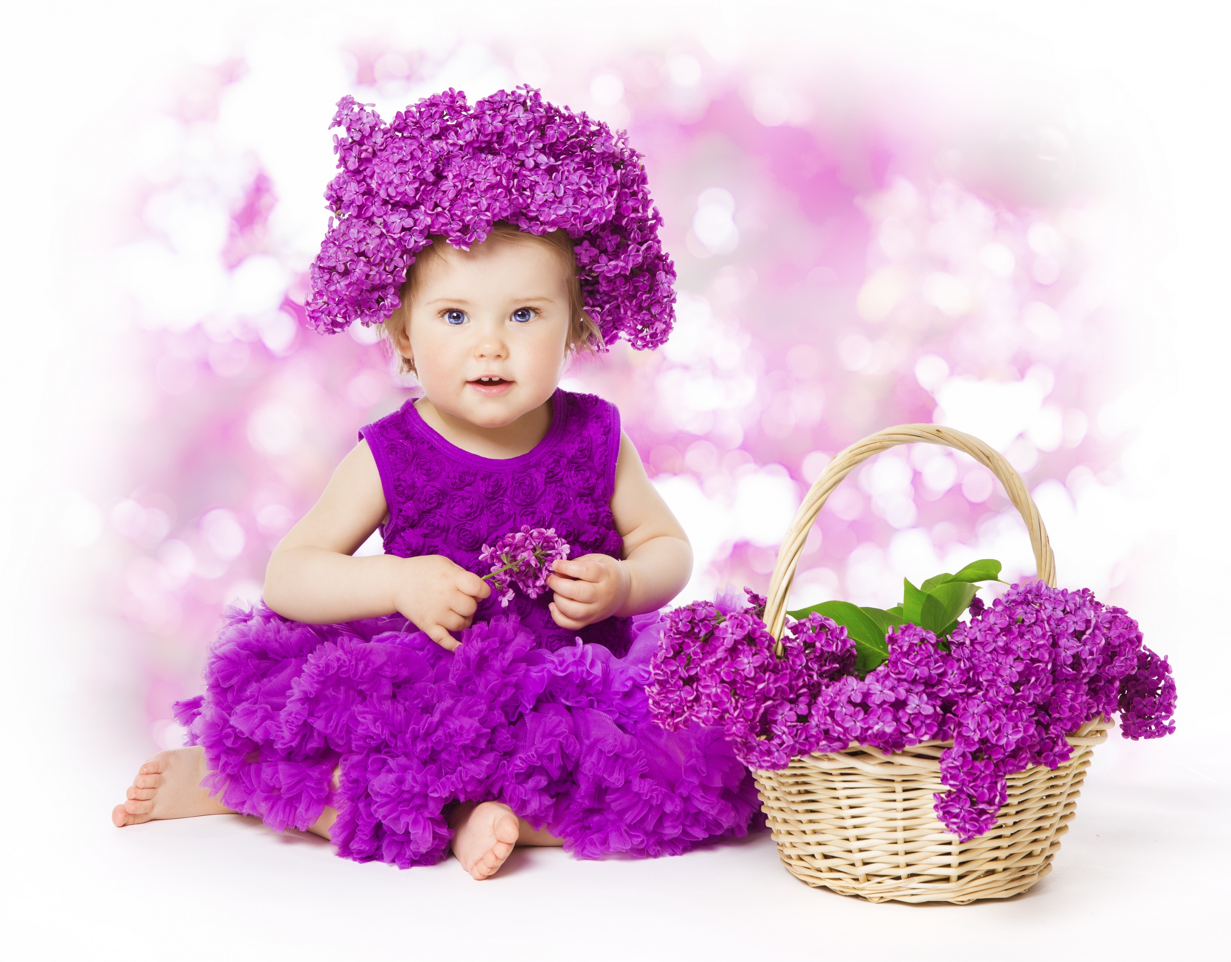 Download mobile wallpaper Lilac, Flower, Bokeh, Child, Photography, Blue Eyes, Purple Flower, Little Girl for free.