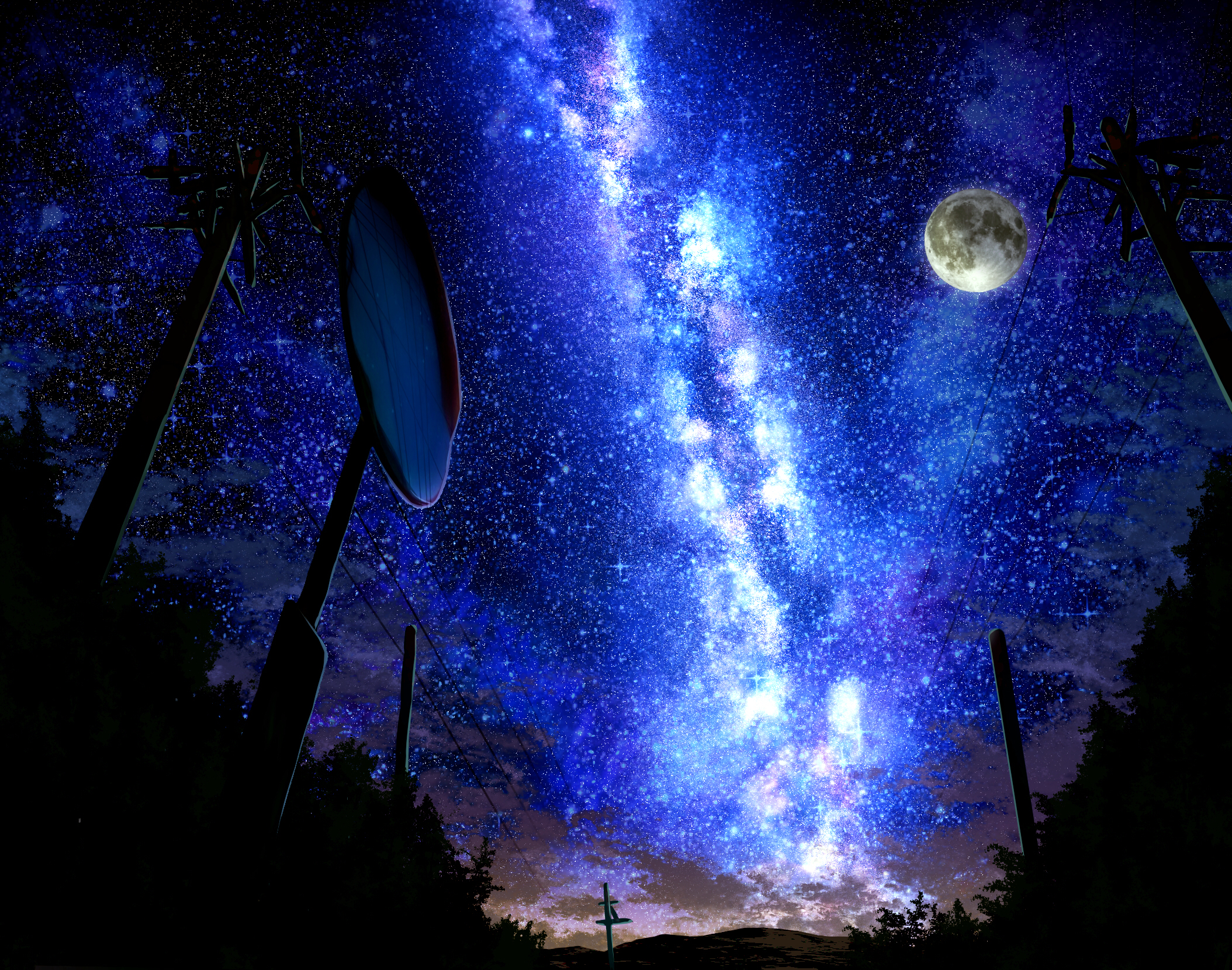 Free download wallpaper Anime, Moon, Starry Sky, Mirror, Original on your PC desktop