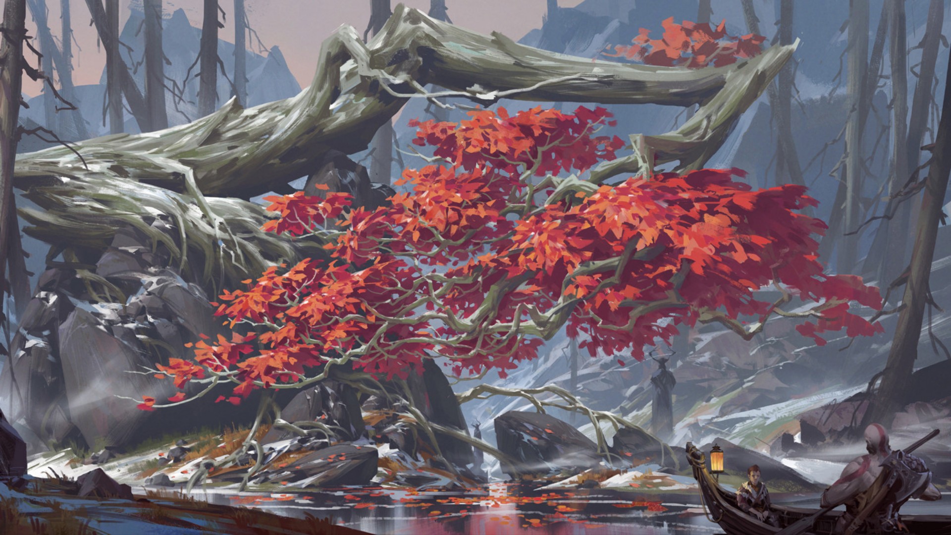 Free download wallpaper God Of War, Tree, Boat, River, Video Game, Kratos (God Of War), God Of War (2018) on your PC desktop