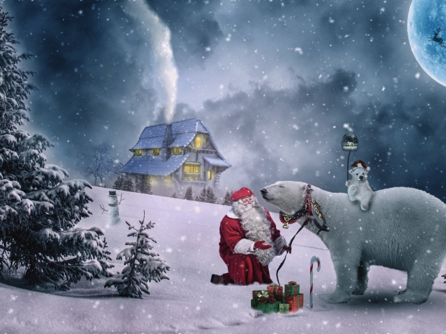 Laden Sie das Feiertage, Winter, Weihnachtsmann, Weihnachten, Eisbär-Bild kostenlos auf Ihren PC-Desktop herunter