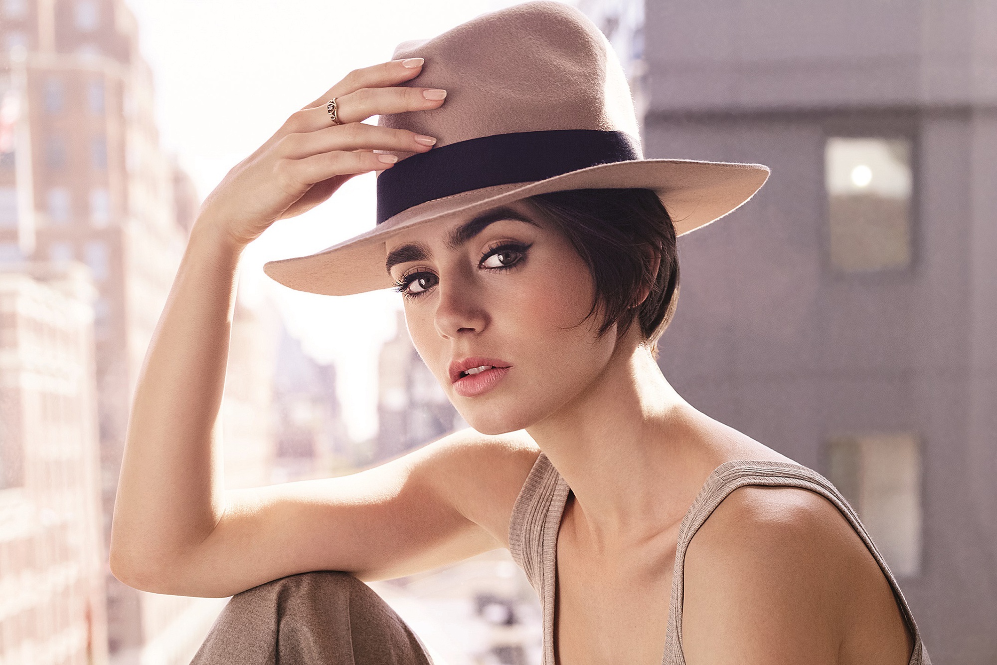 Download mobile wallpaper English, Face, Hat, Brunette, Celebrity, Actress, Lily Collins, Depth Of Field for free.