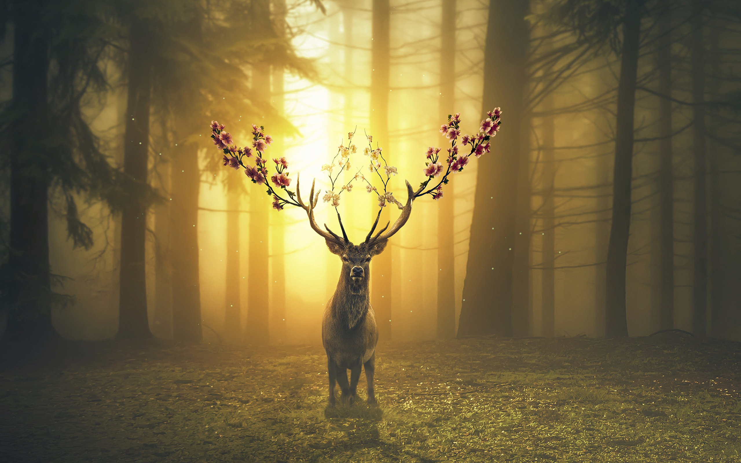 Download mobile wallpaper Fantasy, Forest, Spring, Deer, Fantasy Animals for free.
