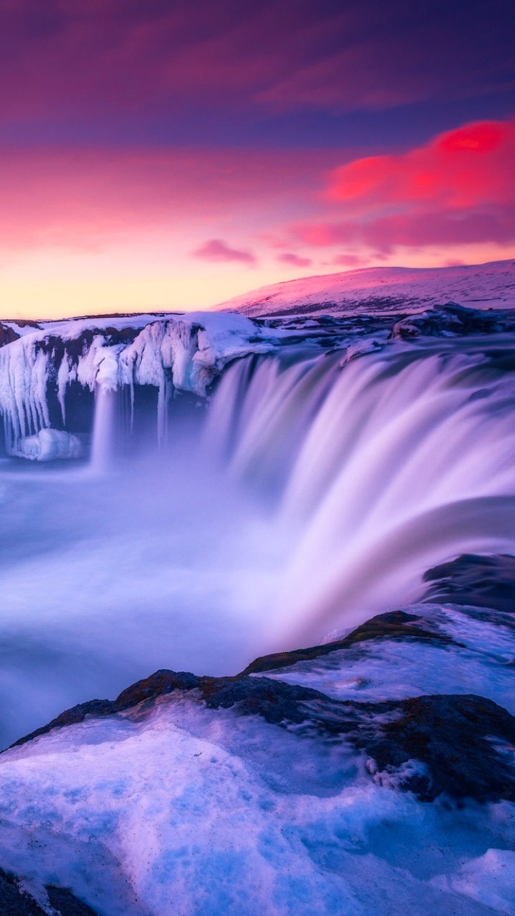 Download mobile wallpaper Sunset, Ice, Waterfalls, Waterfall, Earth, Iceland, Goðafoss for free.