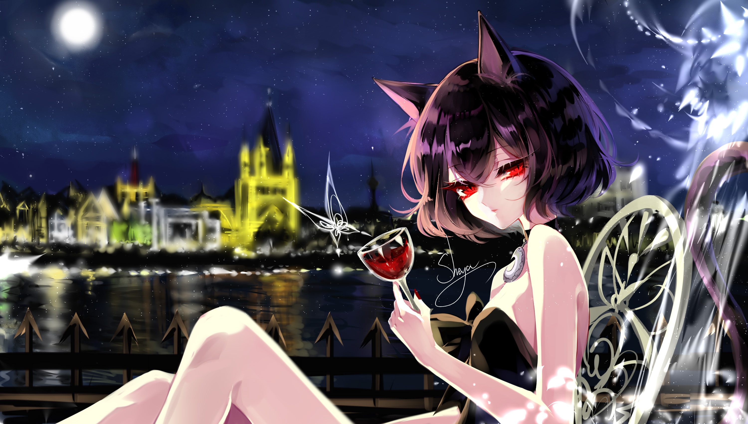 Free download wallpaper Anime, City, Butterfly, Original, Red Eyes, Brown Hair, Short Hair, Cat Girl on your PC desktop
