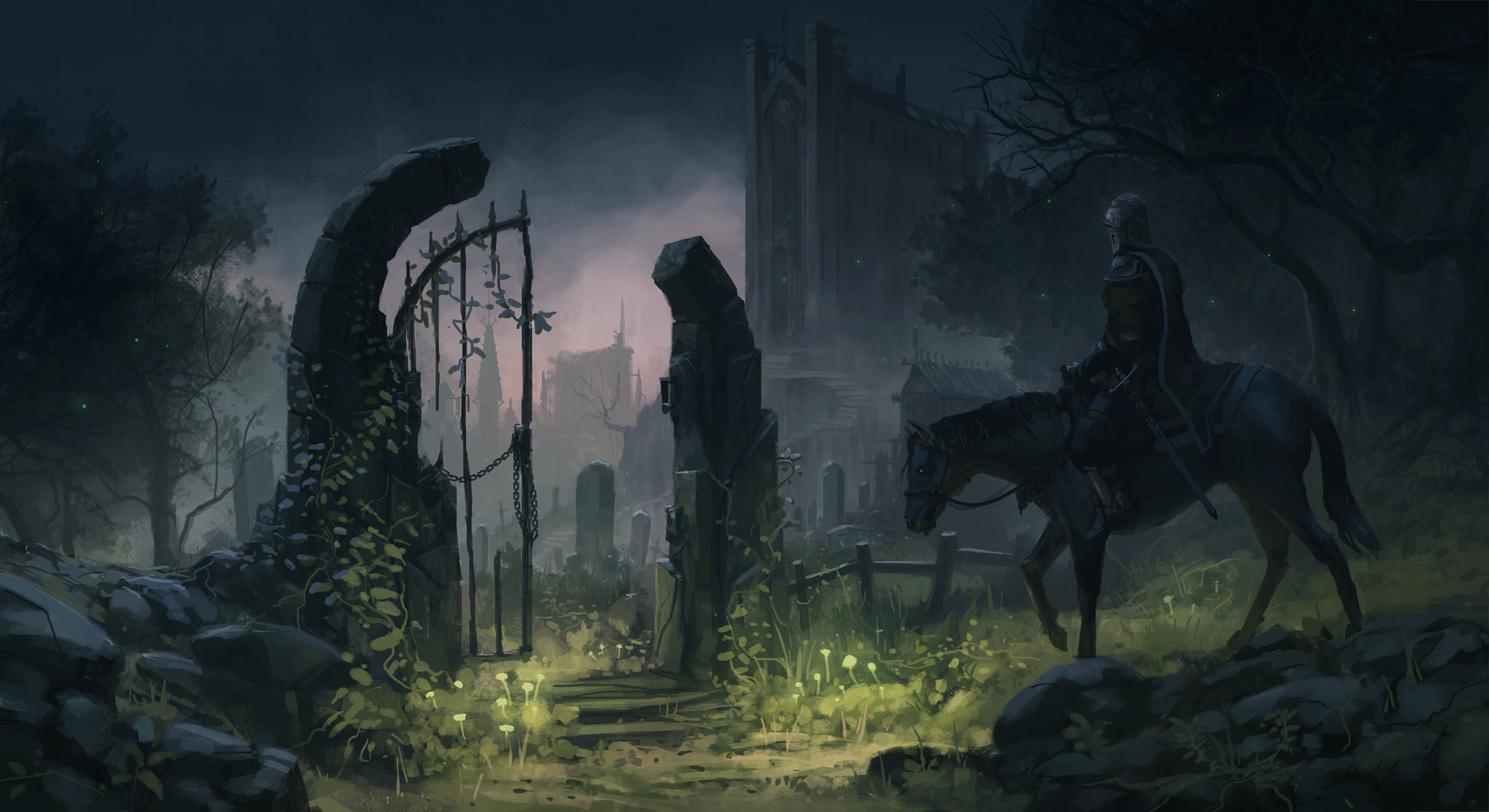 Download mobile wallpaper Fantasy, Night, Warrior, Knight, Cemetery for free.