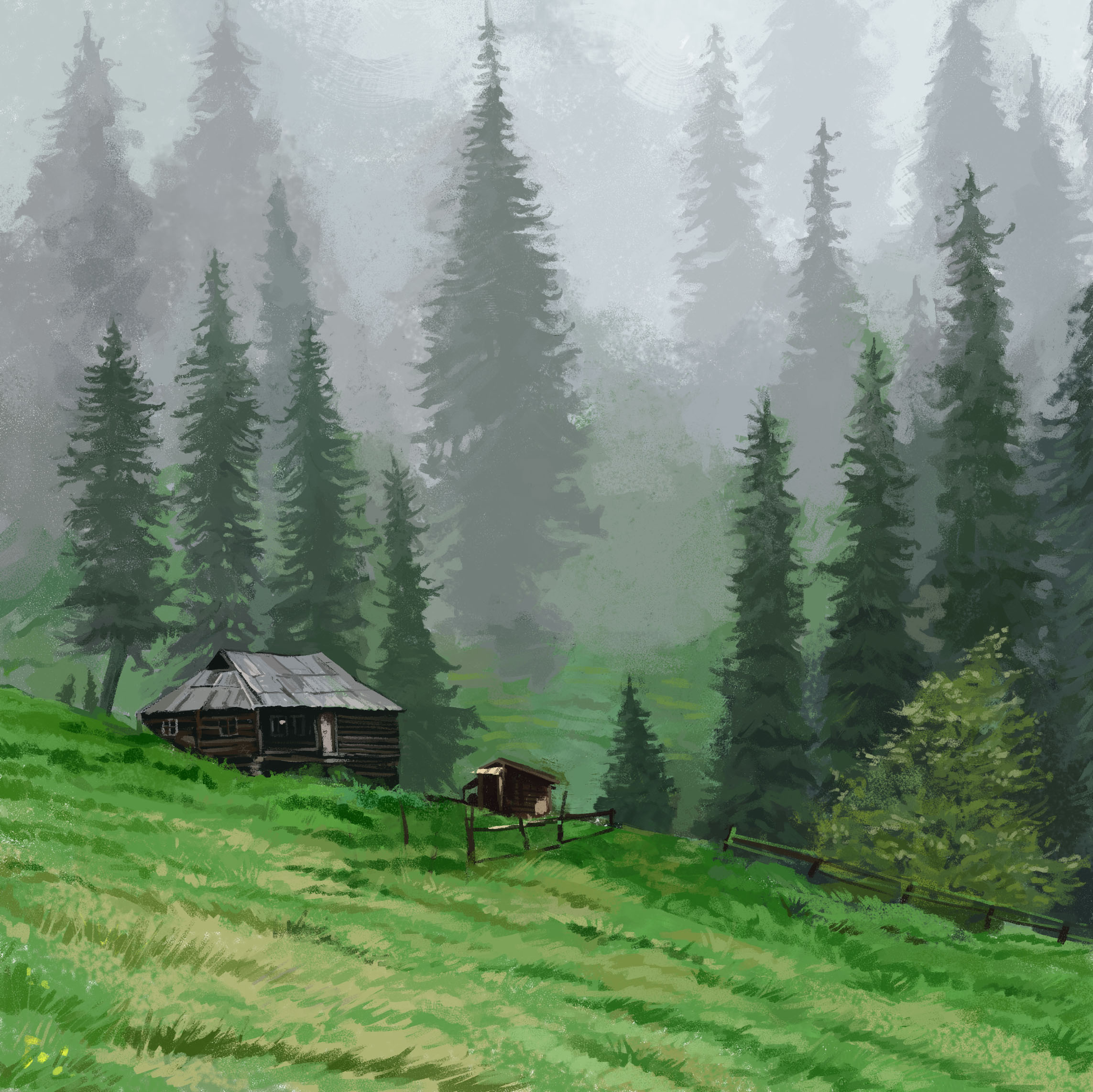 art, hut, trees, grass