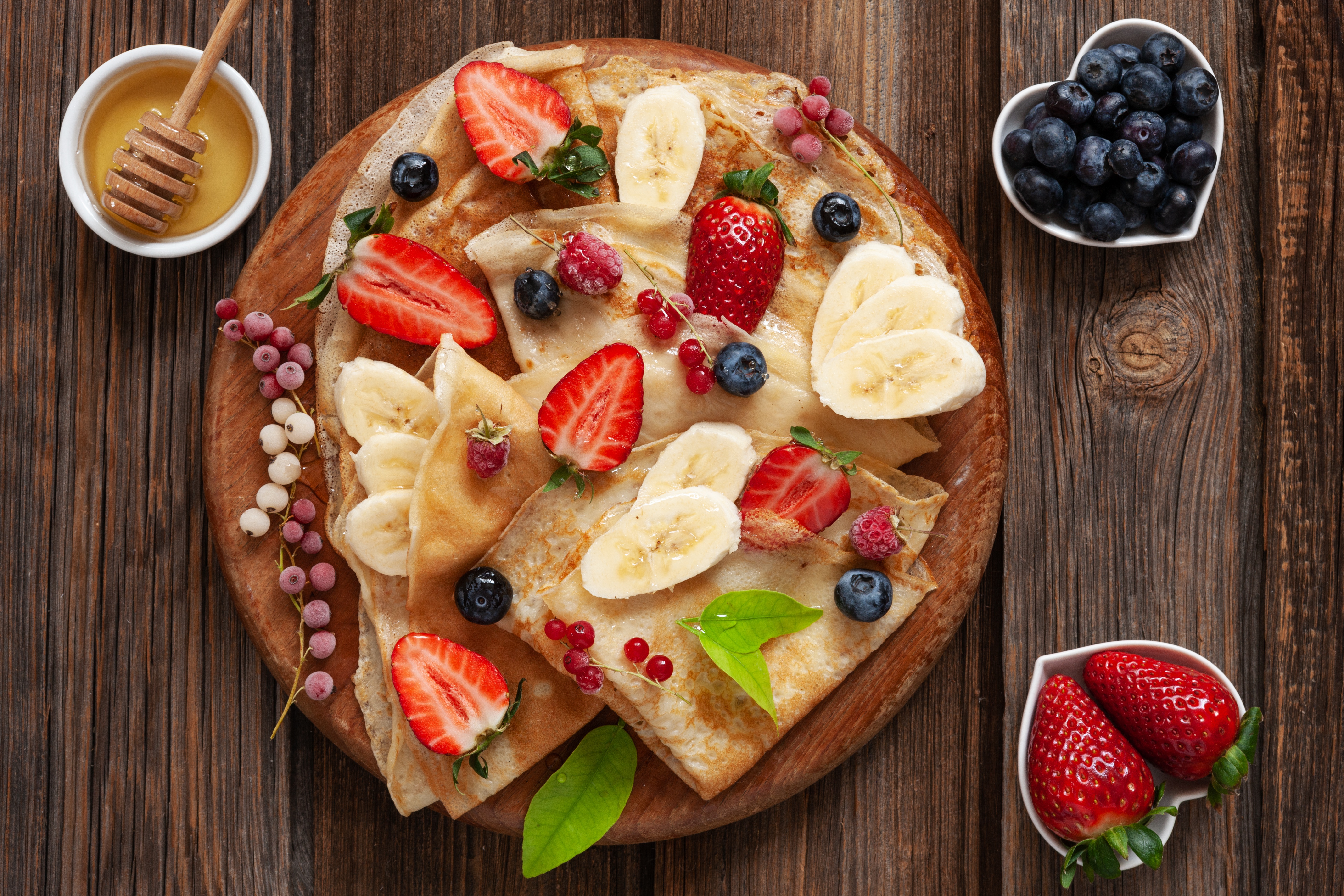 Download mobile wallpaper Food, Strawberry, Blueberry, Still Life, Berry, Fruit, Honey, Banana, Breakfast, Crêpe for free.