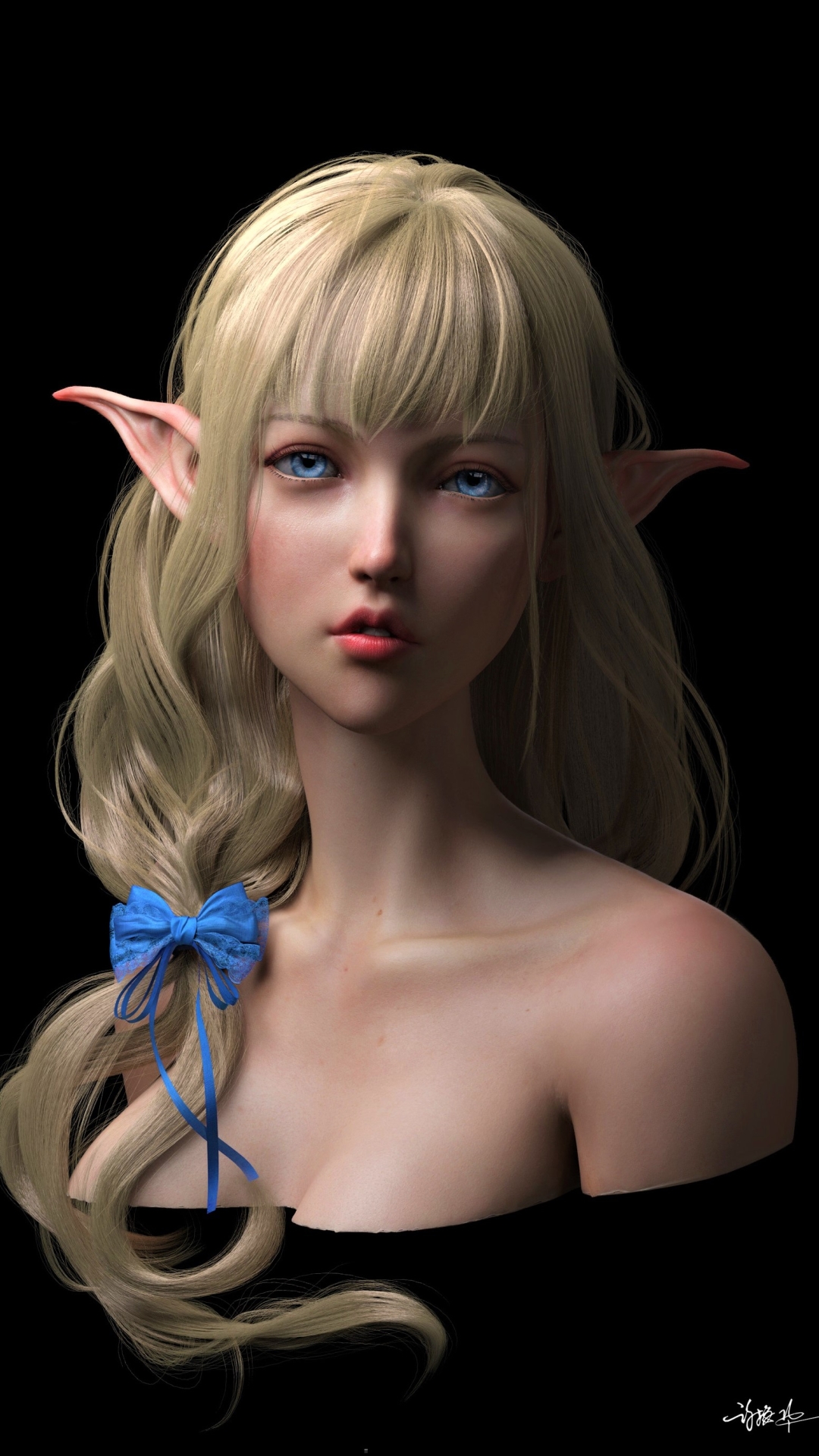 Download mobile wallpaper Sad, Artistic, Blonde, Elf, Women, Blue Eyes, Pointed Ears, Bow (Clothing) for free.