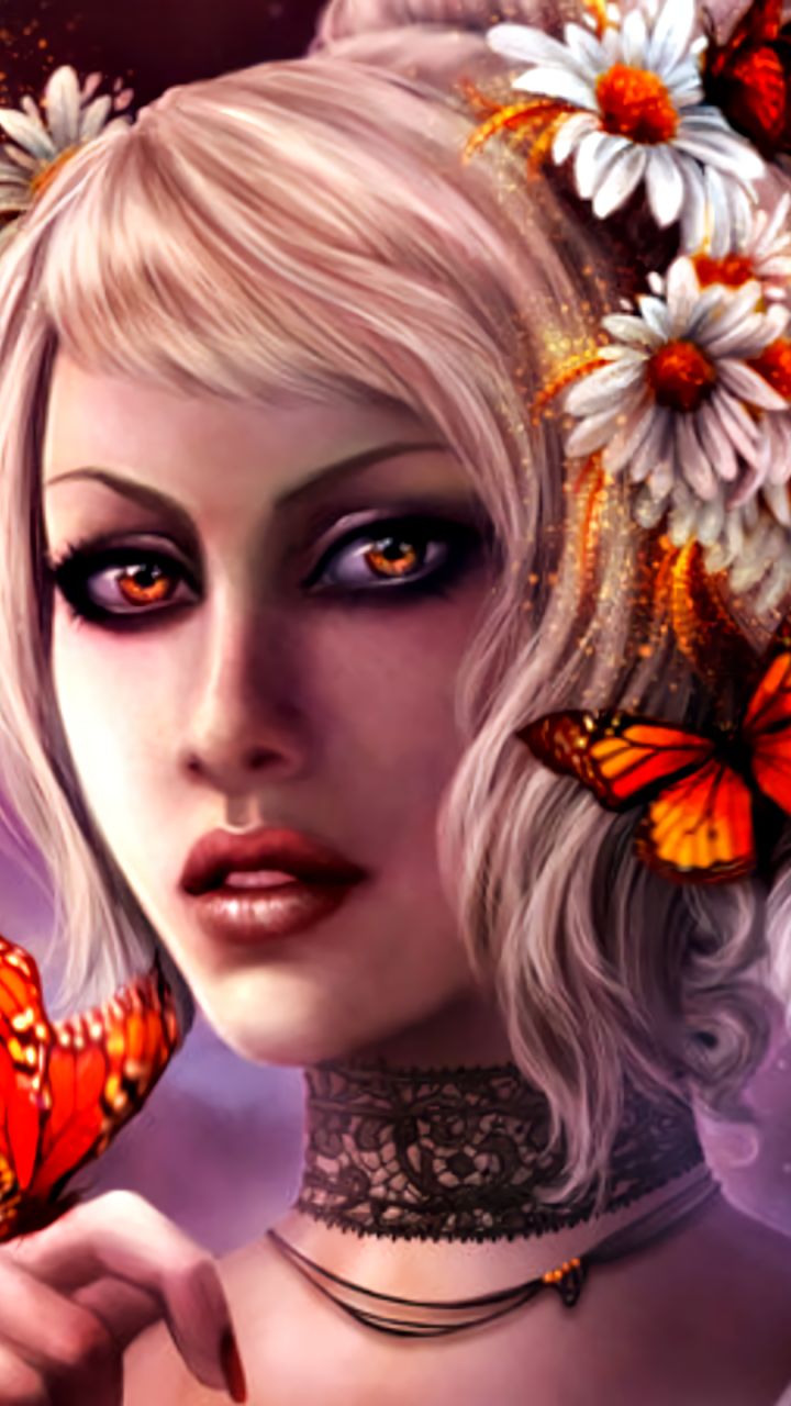 Download mobile wallpaper Fantasy, Flower, Butterfly, Women, White Hair for free.