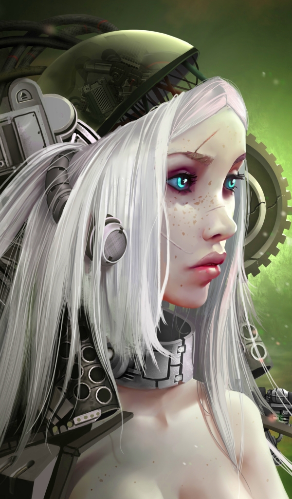 Handy-Wallpaper Cyberpunk, Science Fiction, Cyborg, Blaue Augen, Weißes Haar kostenlos herunterladen.