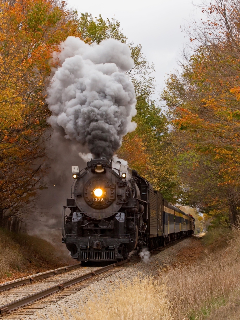 Download mobile wallpaper Smoke, Fall, Train, Locomotive, Railroad, Vehicle, Vehicles for free.