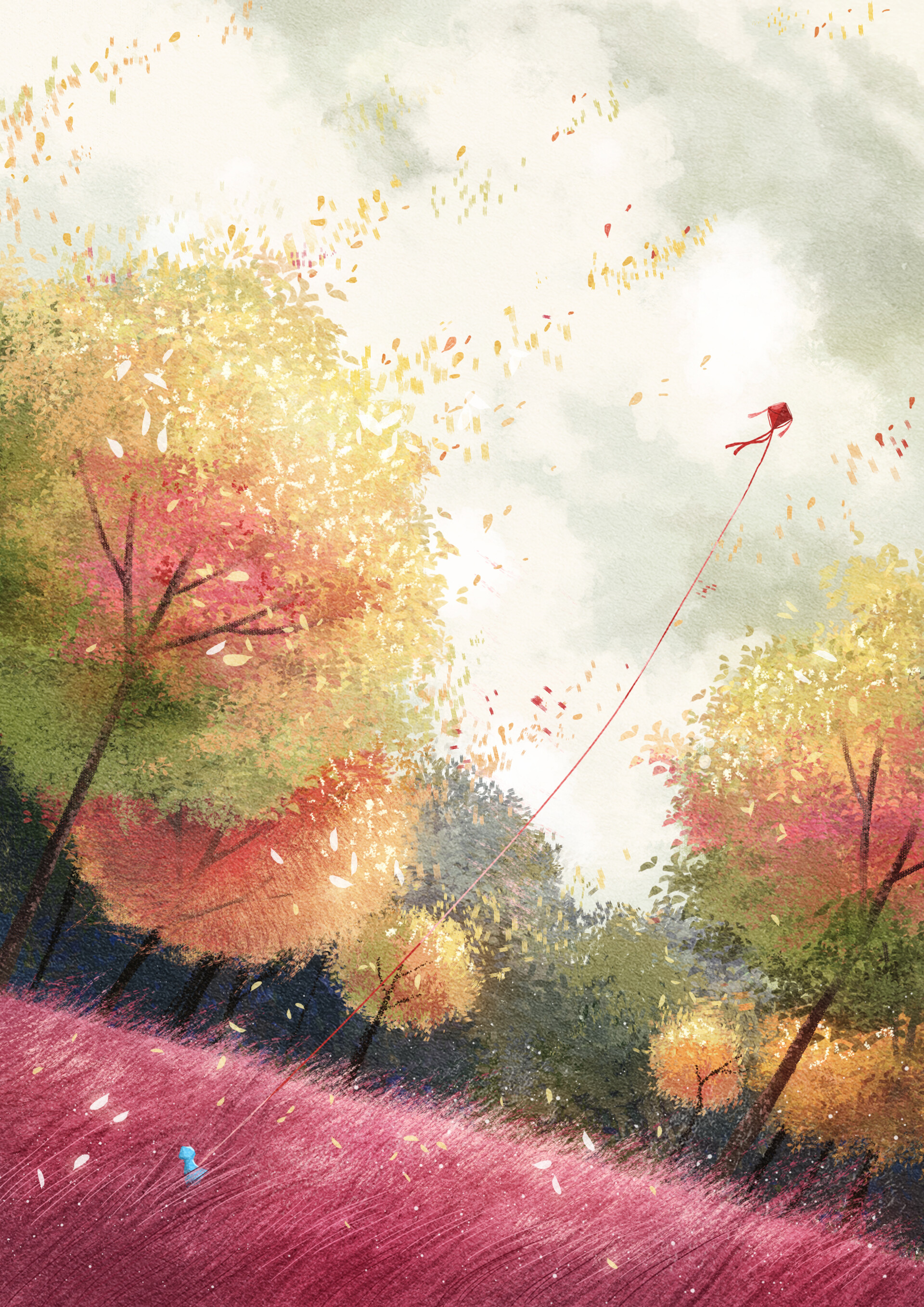133929 скачать картинку лес, осень, деревья, арт, воздушный змей - обои и заставки бесплатно