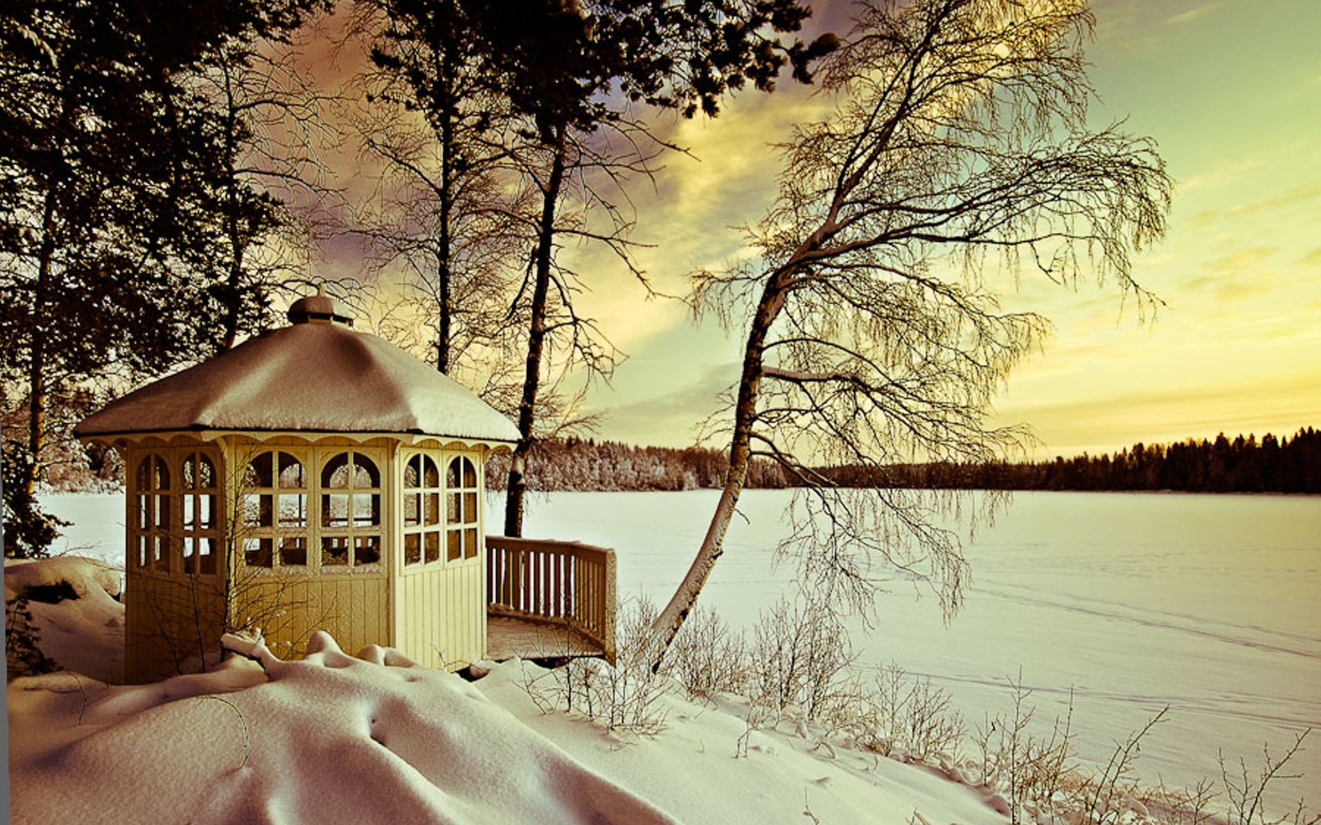 Handy-Wallpaper Winter, Schnee, See, Baum, Fotografie, Pavillon, Menschengemacht kostenlos herunterladen.