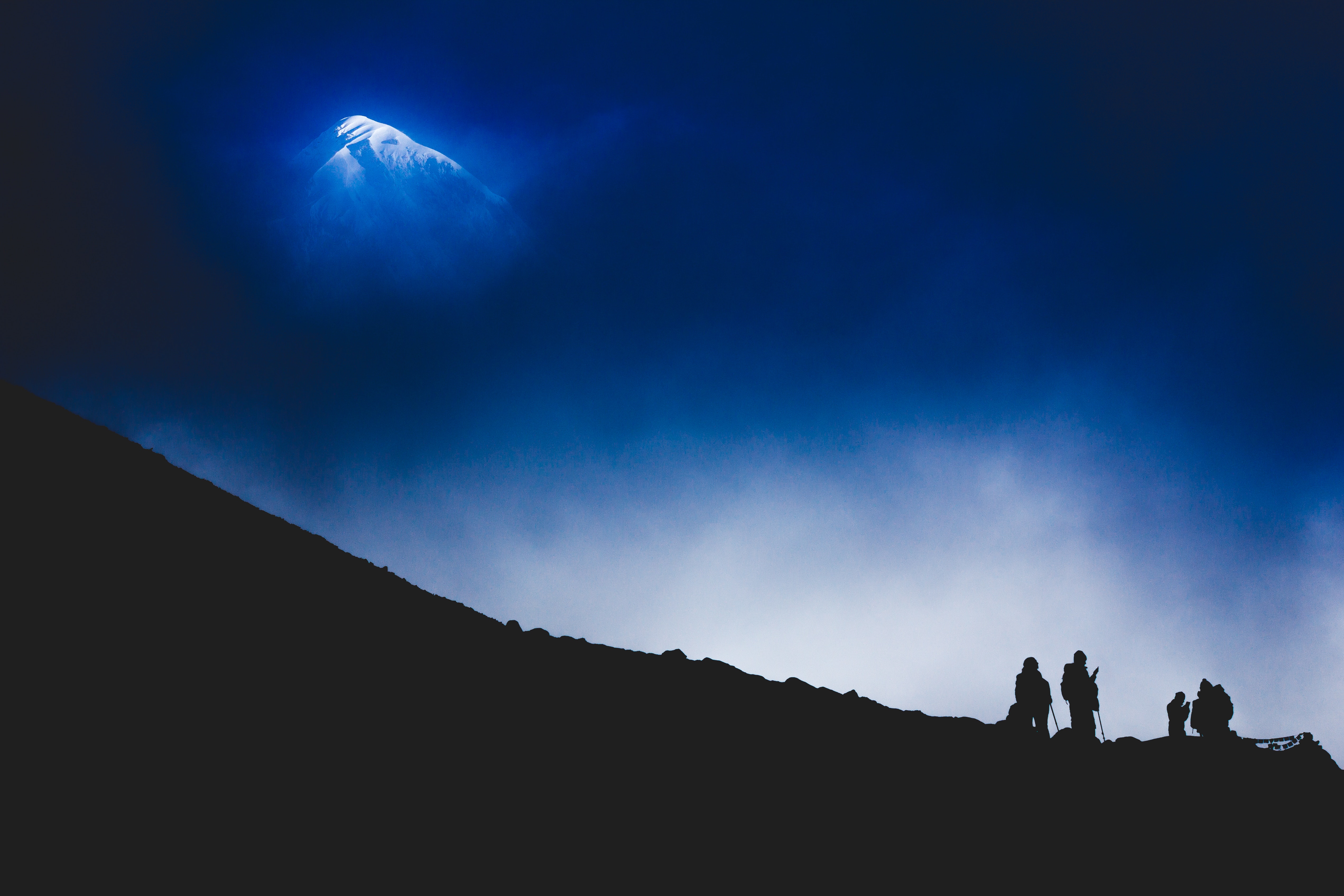 night, dark, climbers, mountain, silhouette, tourists