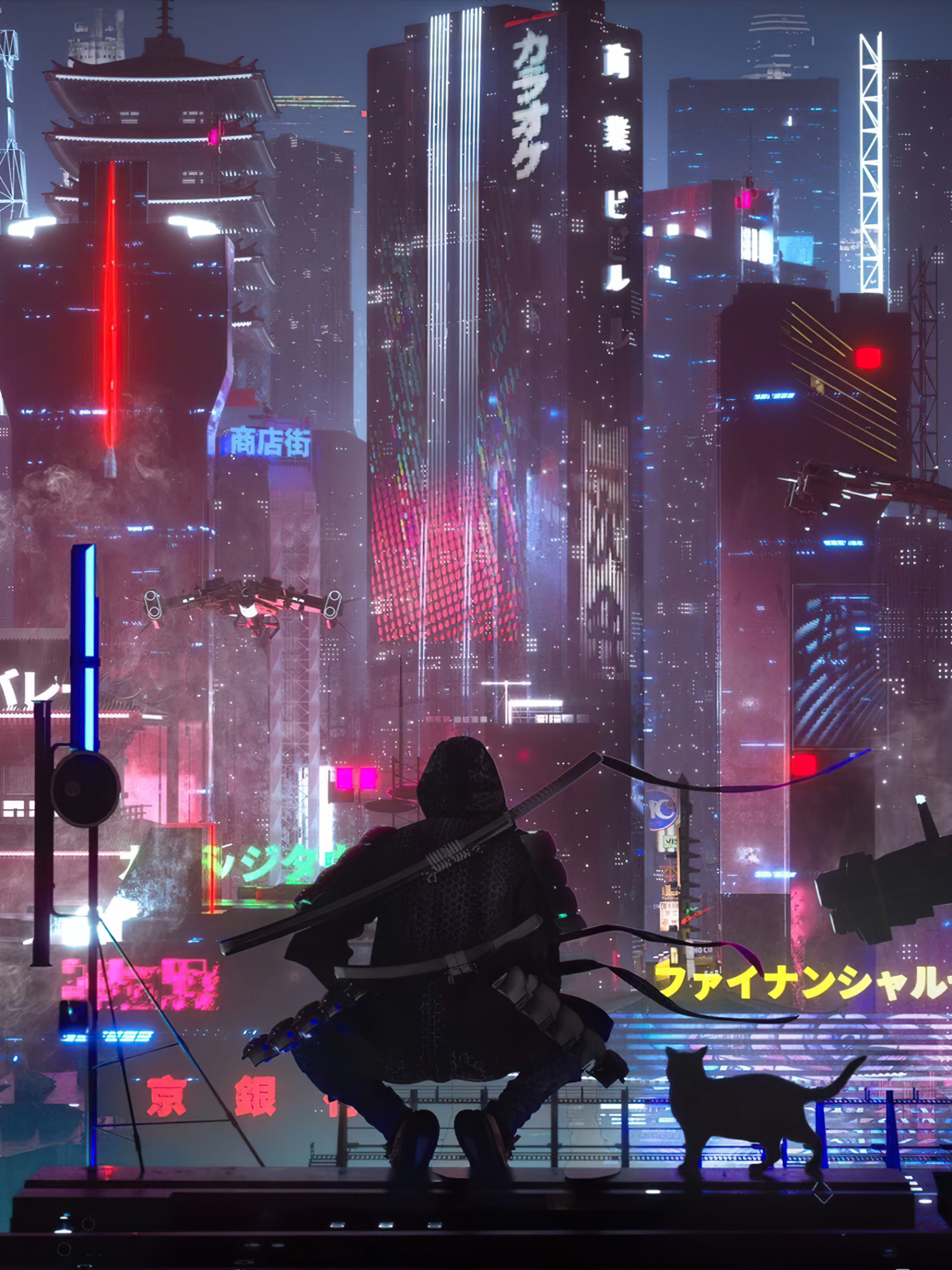 Handy-Wallpaper Stadt, Wolkenkratzer, Katze, Cyberpunk, Science Fiction, Futuristisch, Großstadt kostenlos herunterladen.