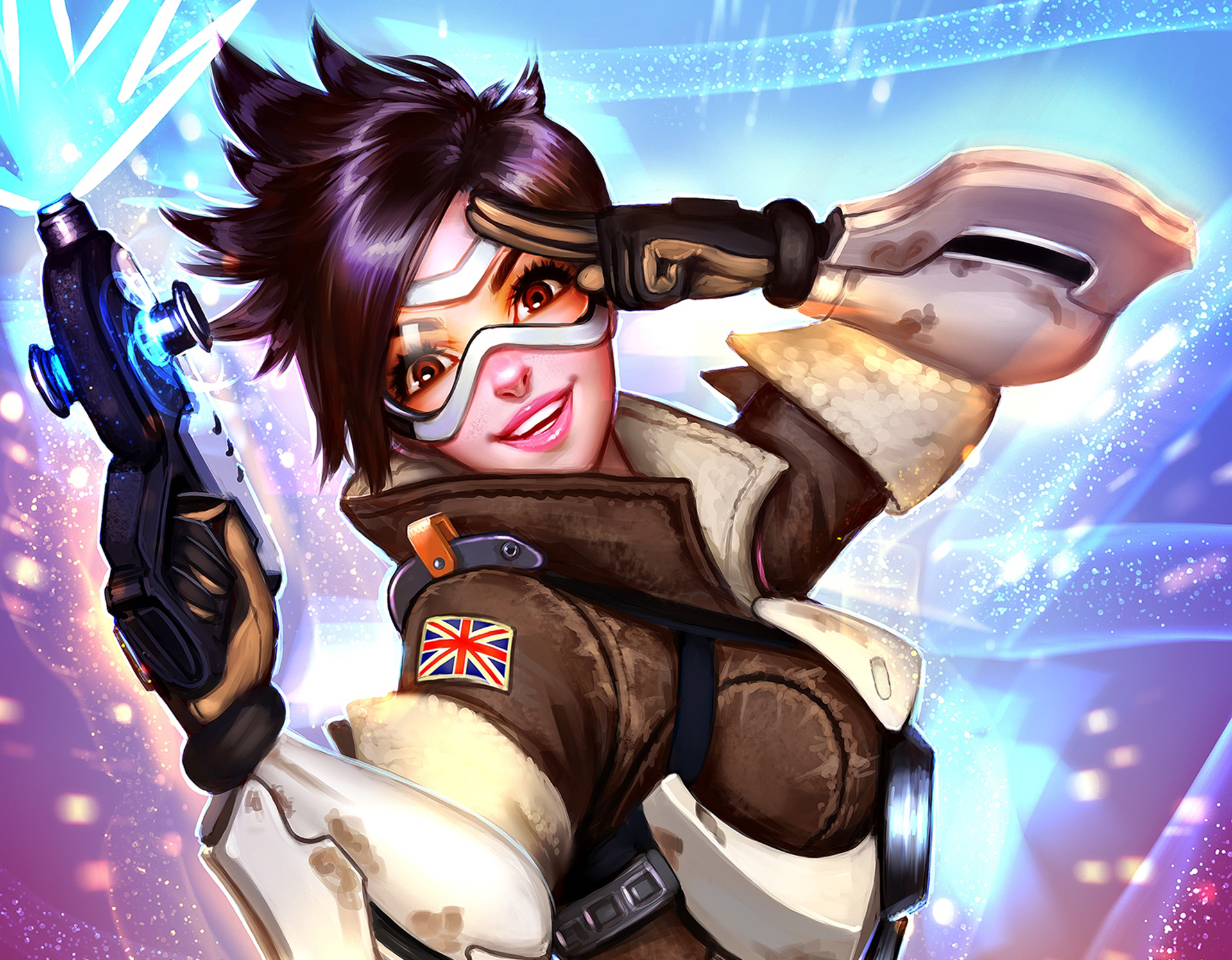 Download mobile wallpaper Weapon, Smile, Overwatch, Brown Eyes, Video Game, Gun, Brown Hair, Short Hair, Woman Warrior, Goggles, Tracer (Overwatch) for free.
