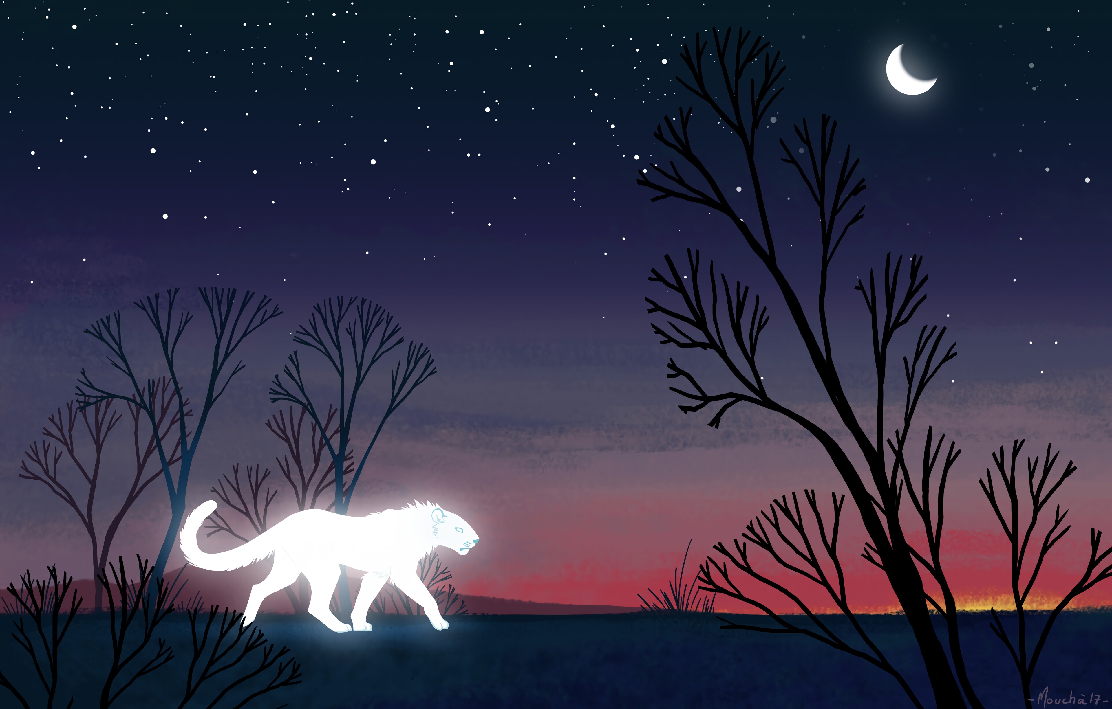 Free download wallpaper Trees, Predator, Lioness, Night, Glow, Art on your PC desktop
