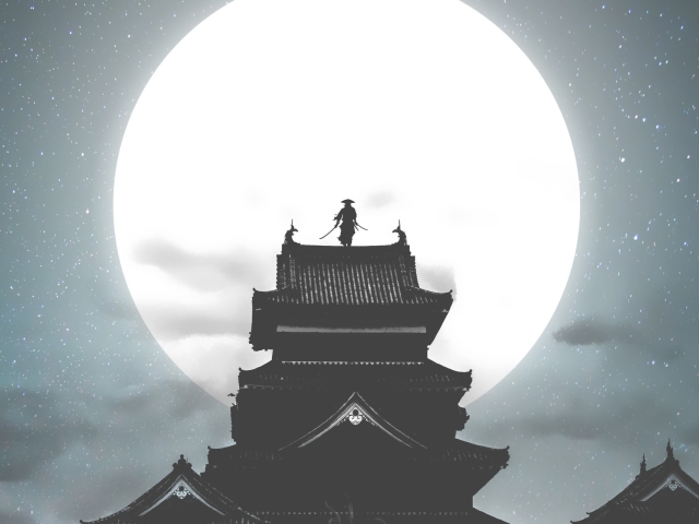 Laden Sie das Fantasie, Mond, Krieger, Samurai, Nacht-Bild kostenlos auf Ihren PC-Desktop herunter