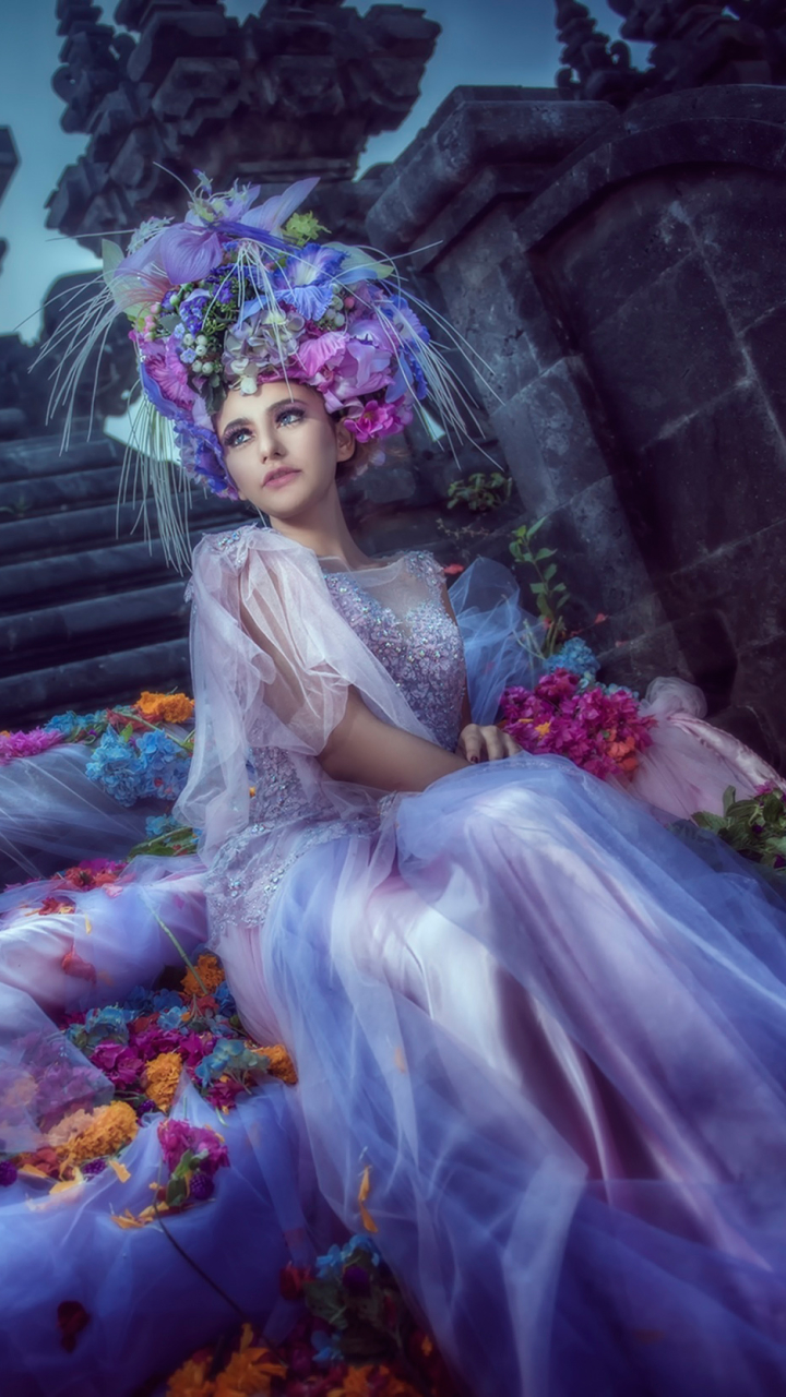 Download mobile wallpaper Fantasy, Flower, Wreath, Petal, Dress, Women for free.