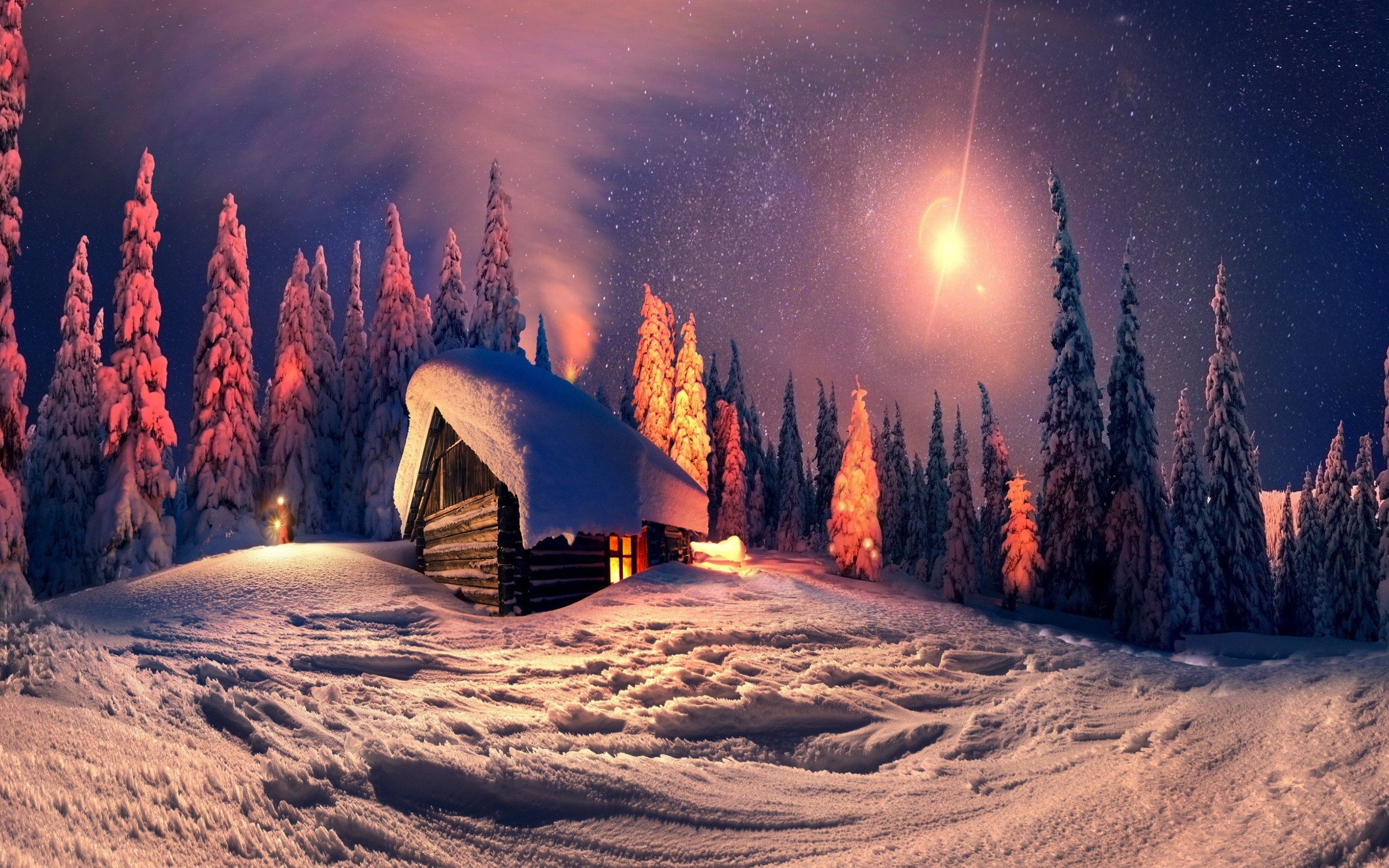 Download mobile wallpaper Winter, Night, Forest, Hut, Photography, Cabin for free.