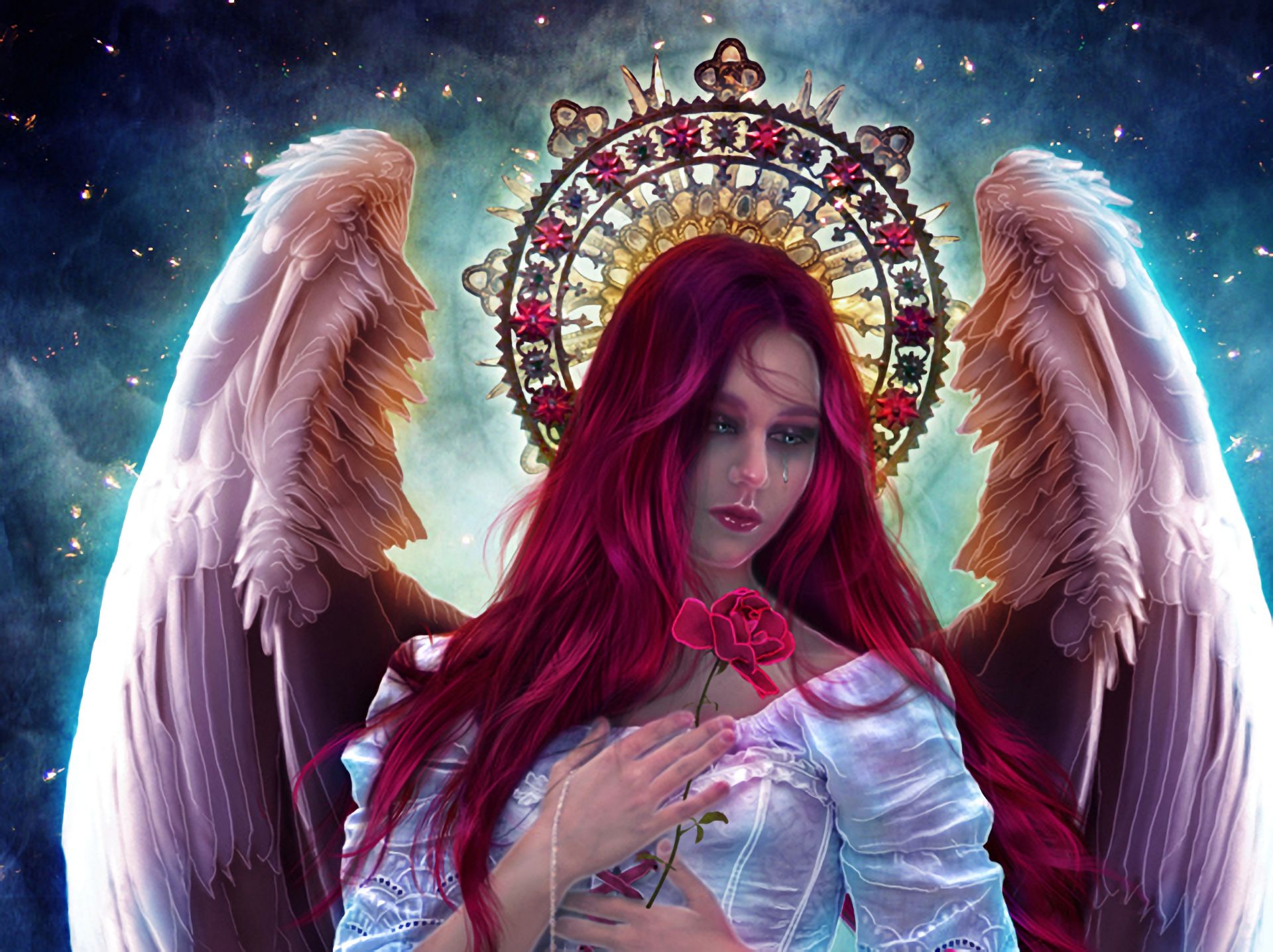 Download mobile wallpaper Fantasy, Rose, Sad, Angel, Crying for free.