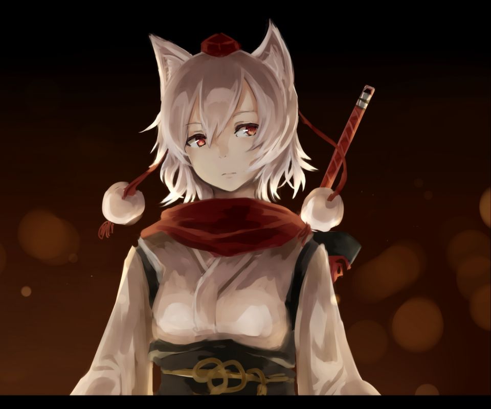 Handy-Wallpaper Waffe, Kimono, Schwert, Schal, Rote Augen, Animes, Tuhu, Weißes Haar, Momiji Inubashiri, Tierische Ohren kostenlos herunterladen.