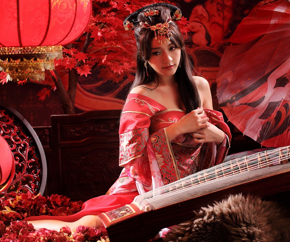 Free download wallpaper Rose, Lantern, Women, Asian, Instrument, Taiwanese, Traditional Costume, Hair Dress on your PC desktop
