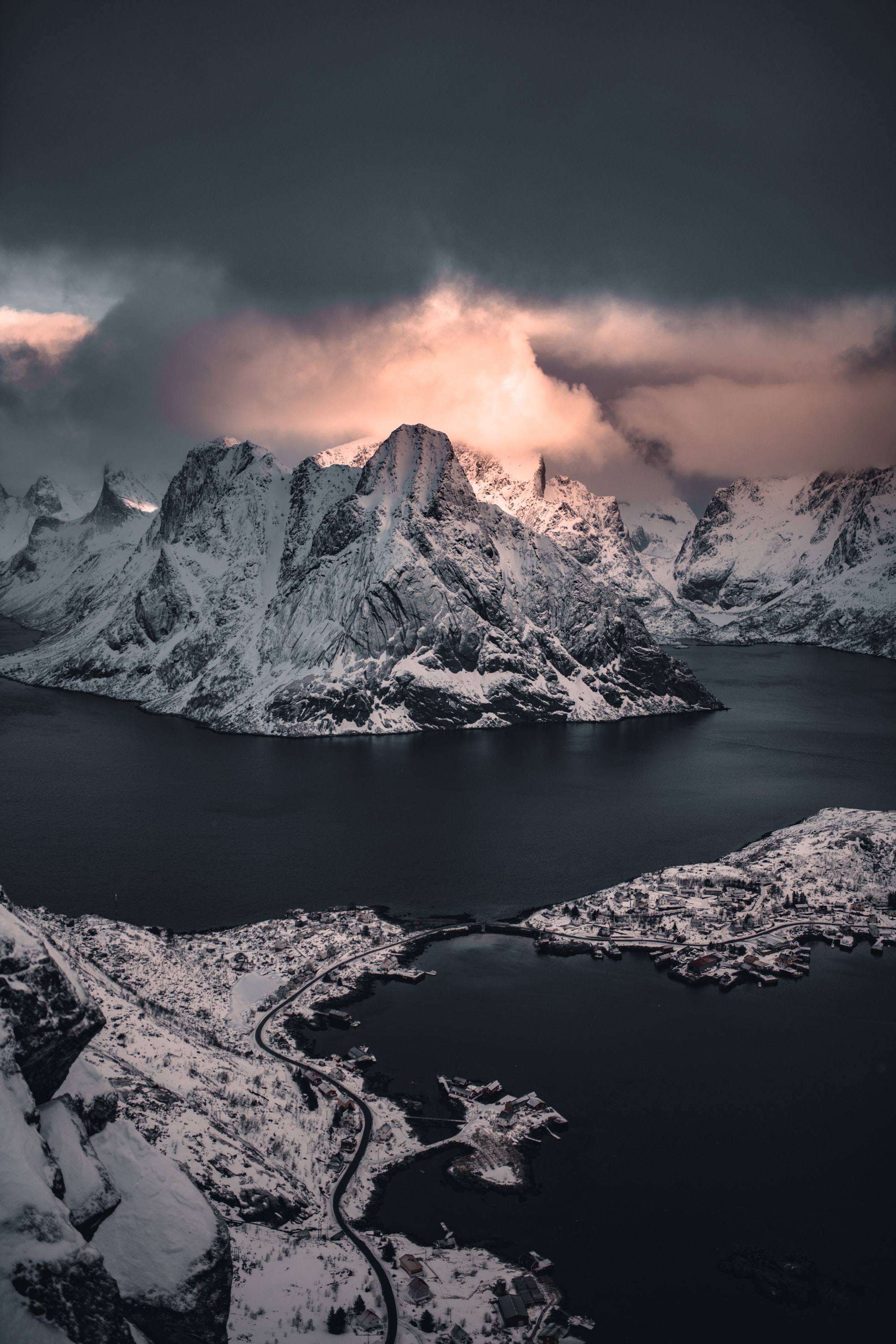 Laden Sie das Natur, Mountains, Straße, Schnee, See-Bild kostenlos auf Ihren PC-Desktop herunter