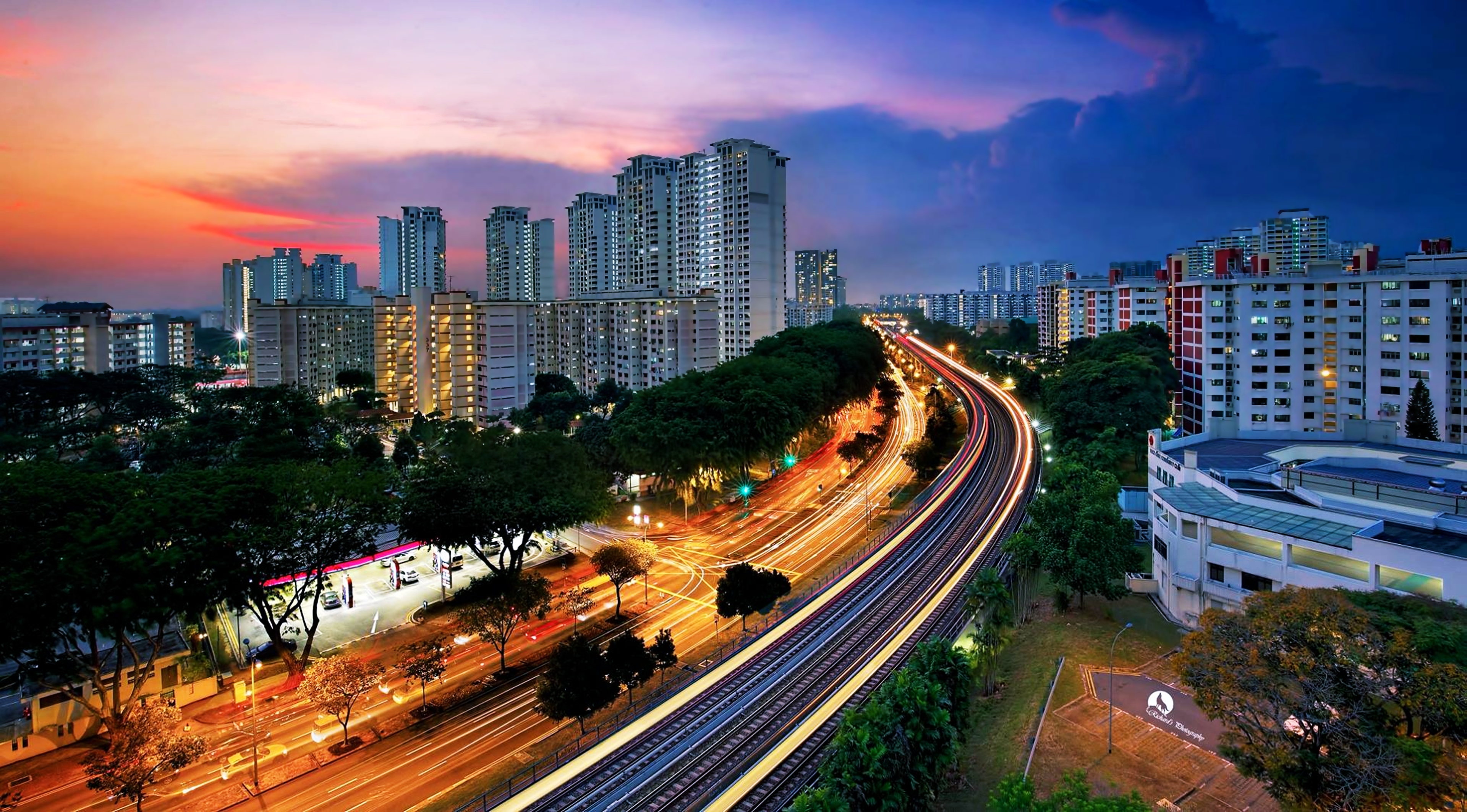 Free download wallpaper Cities, Sunset, Night, City, Skyscraper, Building, Road, Evening, Street, Singapore, Railroad, Man Made on your PC desktop