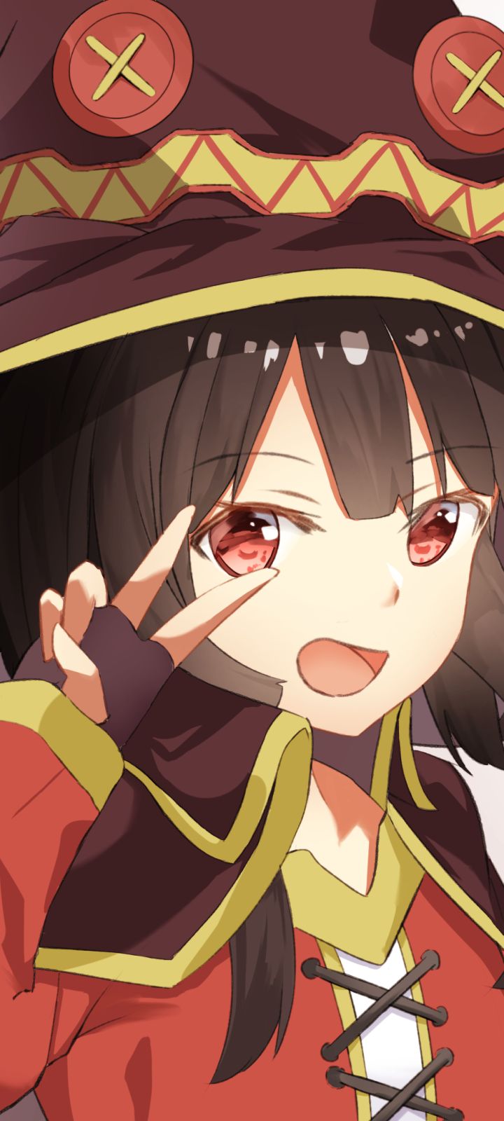 Handy-Wallpaper Lächeln, Gesicht, Rote Augen, Animes, Schwarzes Haar, Konosuba: God's Blessing On This Wonderful World!, Megumin (Konosuba) kostenlos herunterladen.