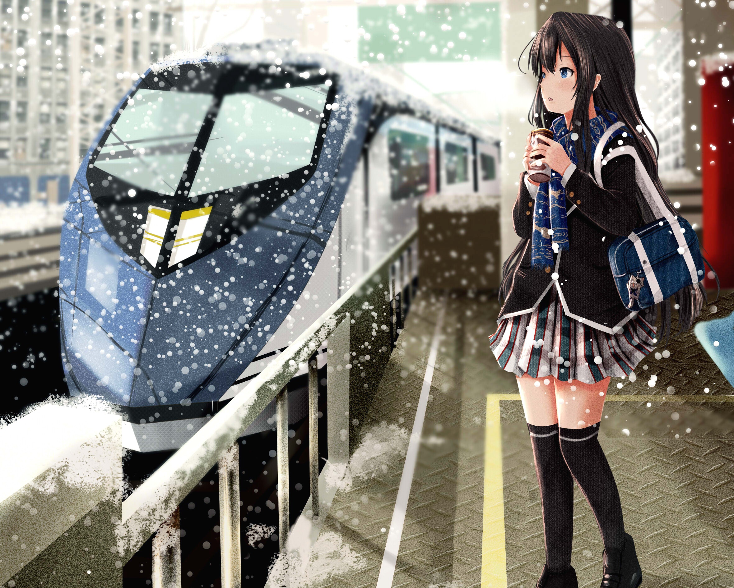 train, anime, my teen romantic comedy snafu, black hair, blue eyes, coffee, long hair, snow, winter, yukino yukinoshita