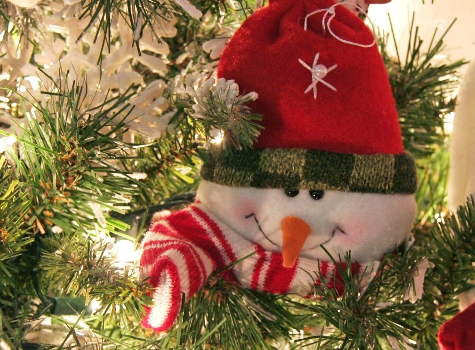 Скачать обои бесплатно Снеговик, Хвоя, Праздники, Праздник, Рождество, Улыбка, Елка, Новый Год картинка на рабочий стол ПК