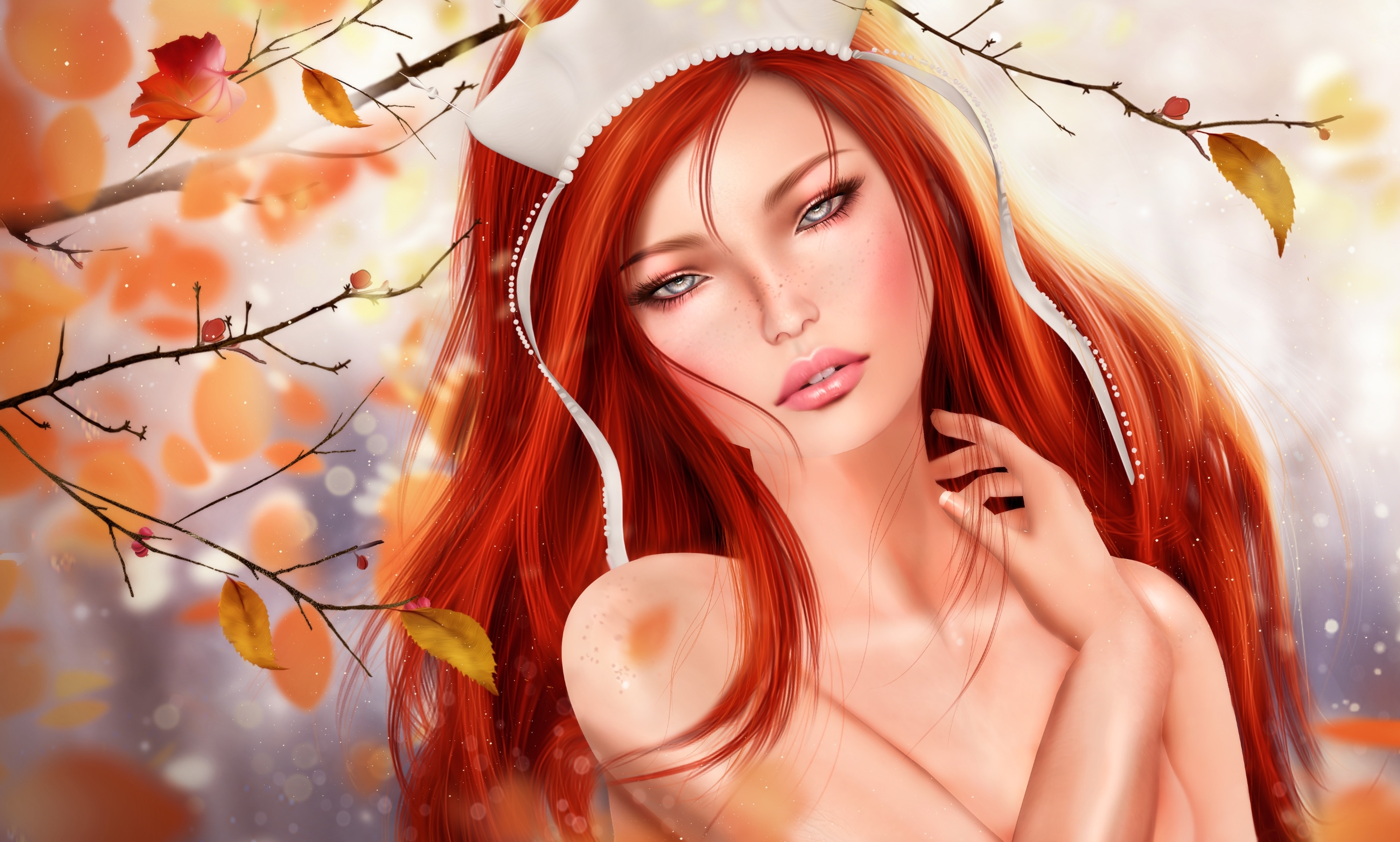 Free download wallpaper Fantasy, Leaf, Fall, Redhead, Women on your PC desktop