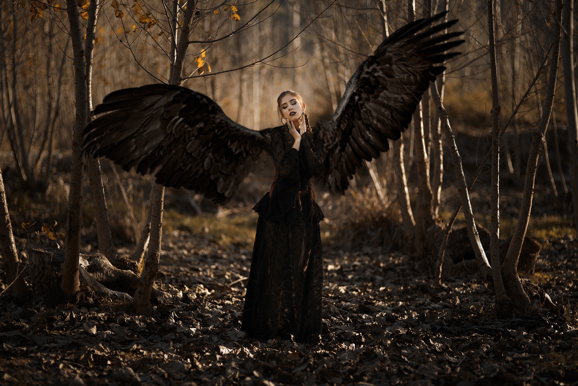 Download mobile wallpaper Wings, Mood, Angel, Women, Black Dress for free.